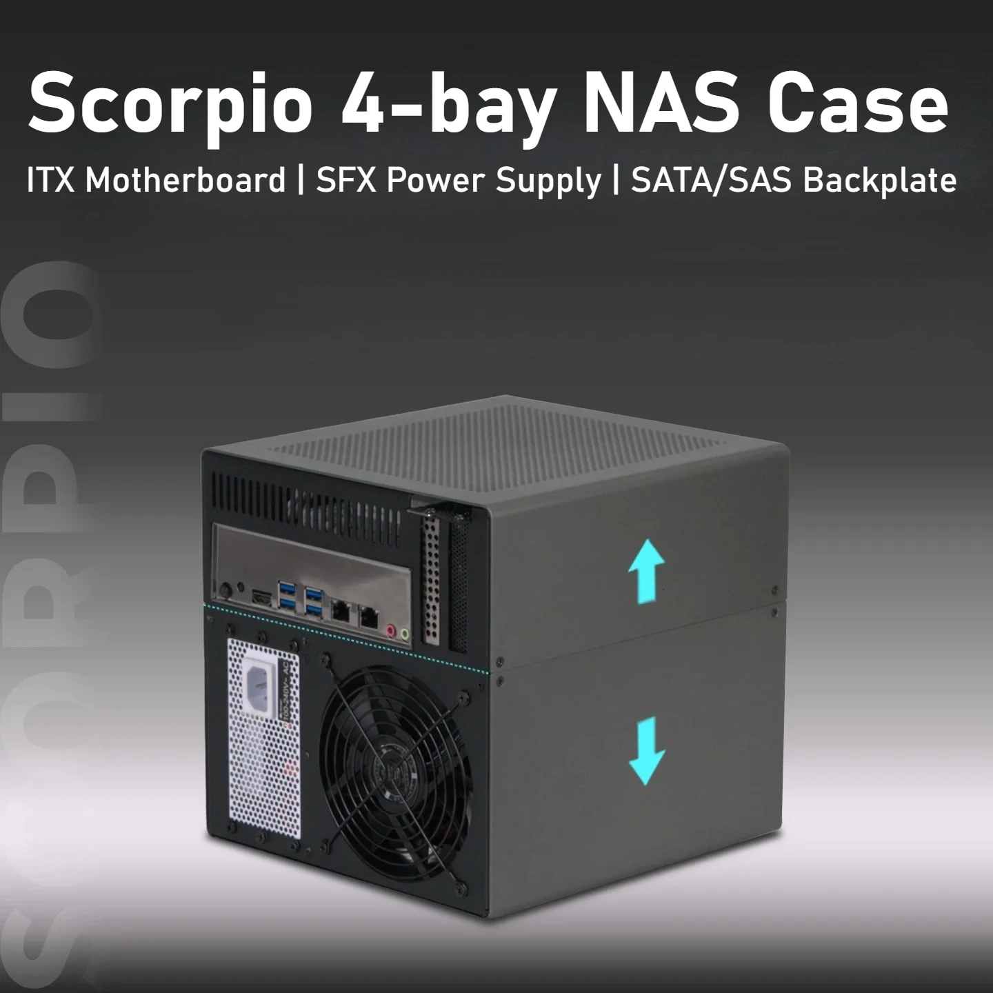 Scorpio 4-Bay NAS-Gehäuse, 1,5 mm eloxiertes Aluminium, ITX-Motherboard | SFX-Netzteil | SATA/SAS-Rückplatte Image