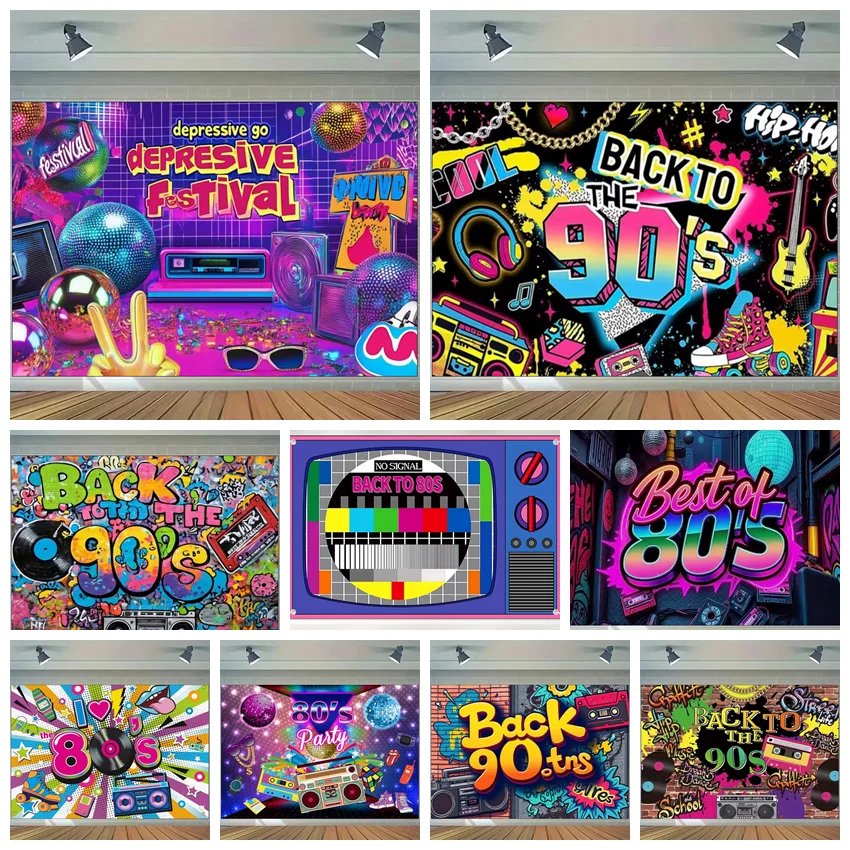 Zurück auf 90er 80er Retro Disco Hintergrund Vintage TV Kassette Kassette Schallplatte Graffiti Banner Party Dekoration Foto Hintergrund Stoff
