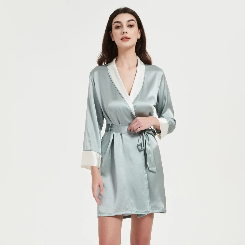 Kurze Damen-Robe aus 100 % Maulbeerseide, Kimono-Morgenkleid für Badezimmer und Lounge, Wickel-Morgenmantel, Mini-Nachthemd Image