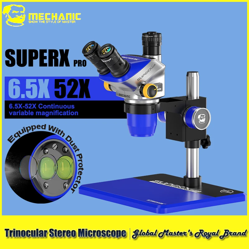 【MECHANIC】SUPER X PRO-B11 Trinokulares Stereomikroskop, Vollmetallgehäuse, 6,5 x 52 x Zoom, HD-optische Linse für Beobachtungselektronik Image