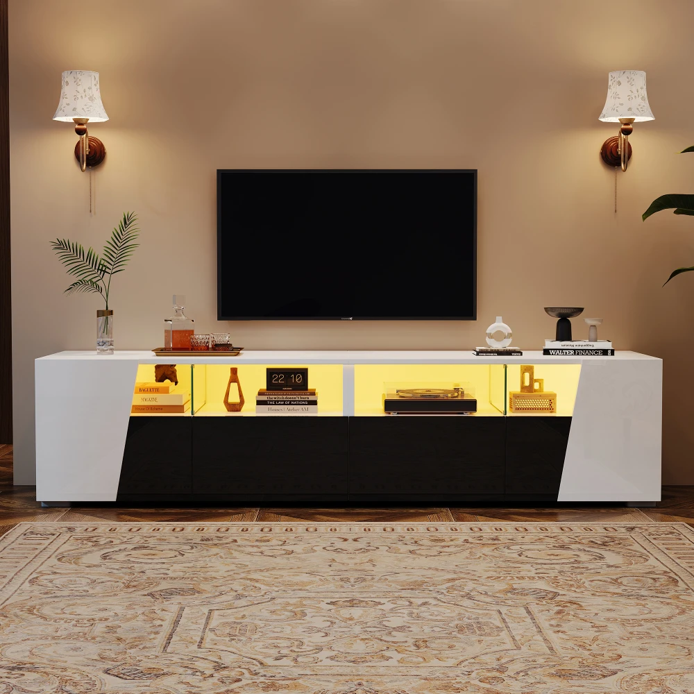 Ensemble de 2 meubles de salon modernes, meuble TV et buffet, meuble TV haute brillance avec éclairage LED, grand buffet de rangement