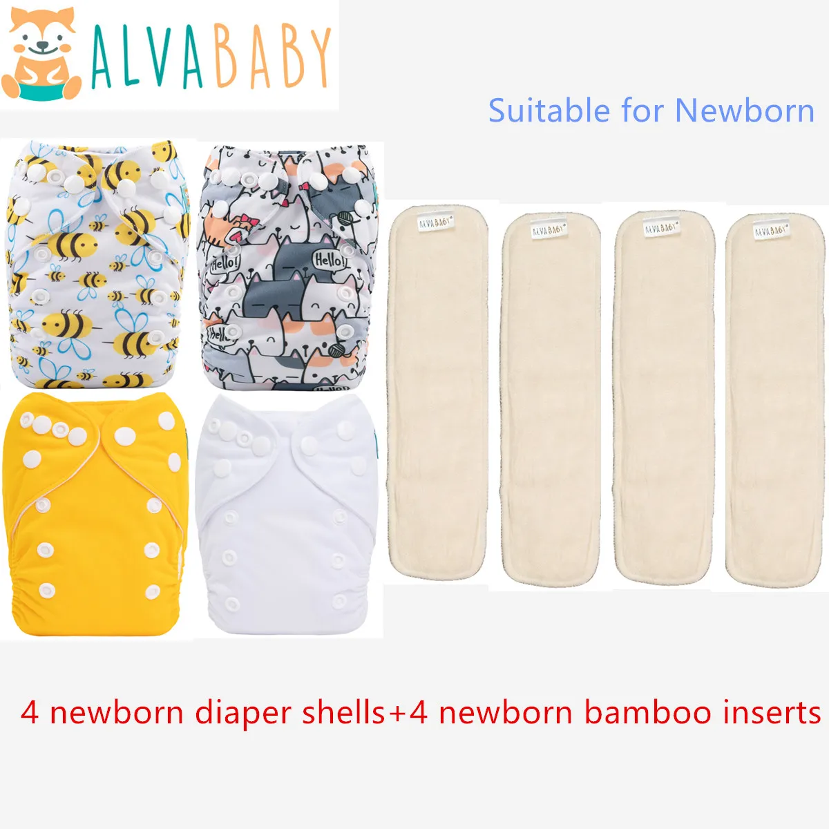ALVABABY 4 Stück Windelschalen für Neugeborene mit 4 Stück Bambuseinlagen für Neugeborene, wiederverwendbare Windel für Neugeborene für Babys unter 12 Pfund Image