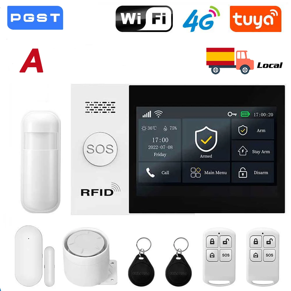 PGST Tuya-Alarmsystem, CE-zertifiziert, keine monatliche Gebühr, 4G GSM WiFi Dual Backup Home Security Kit mit Sensoren, 110 dB Sirene, Smart Life Image