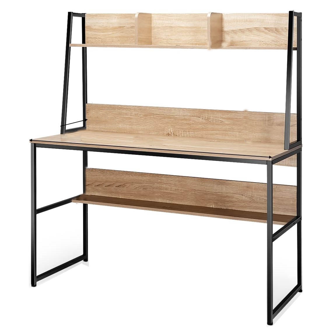 COSTWAY Schreibtisch mit Regal, Computertisch aus Holz mit Metallgestell und verstellbaren Fußpolstern, Arbeitstisch mit offenem Bücherregal Image