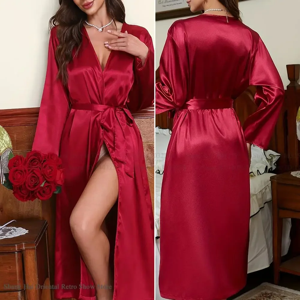 SEXY Neue Lange Robe Frühling Sommer Große Größe 3XL 4XL 5XL Weibliche Kimono Kleid Bademantel Nachtwäsche Negligé Seide Satin Hause kleid
