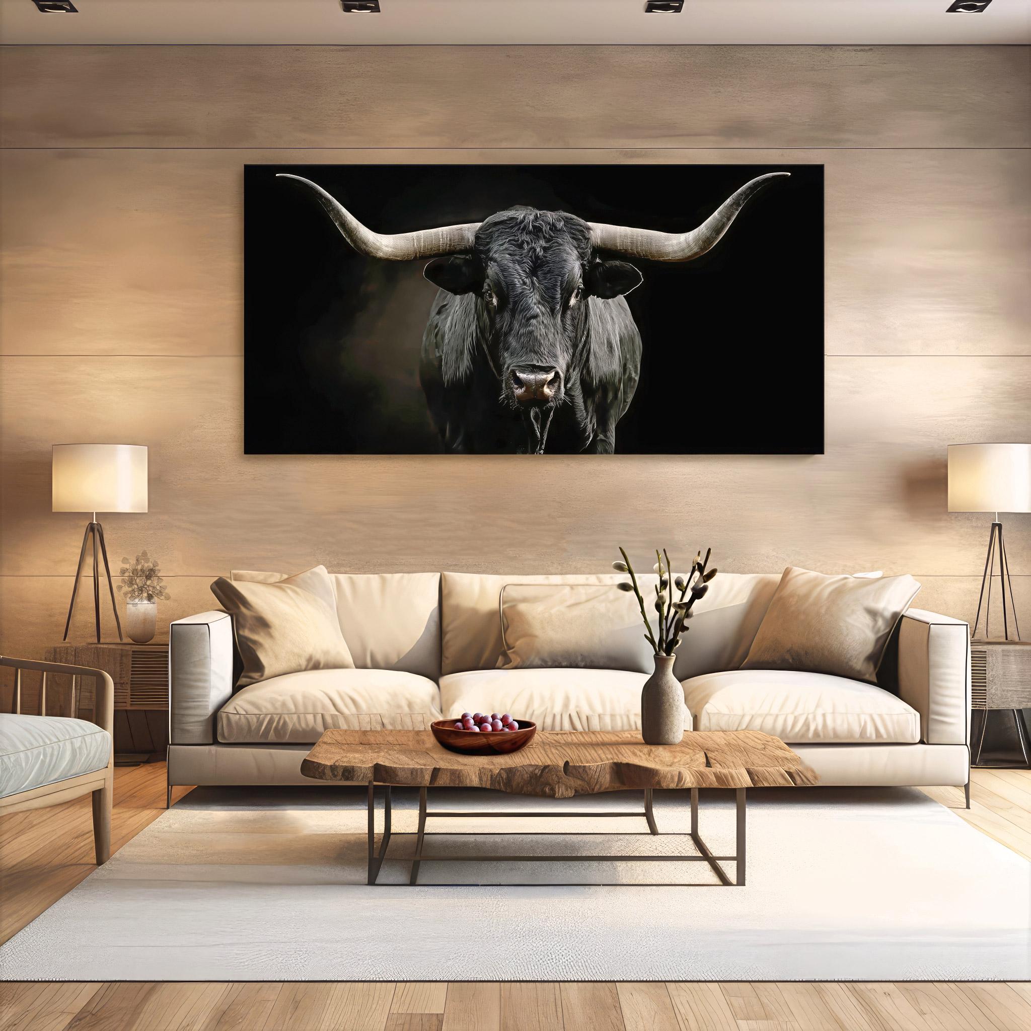 Stampa su tela nera Texas Longhorn - Western Bull Art | Stampa su tela rustica e stampa su tela | Stampa su tela con motivo animale e decorazione ranc