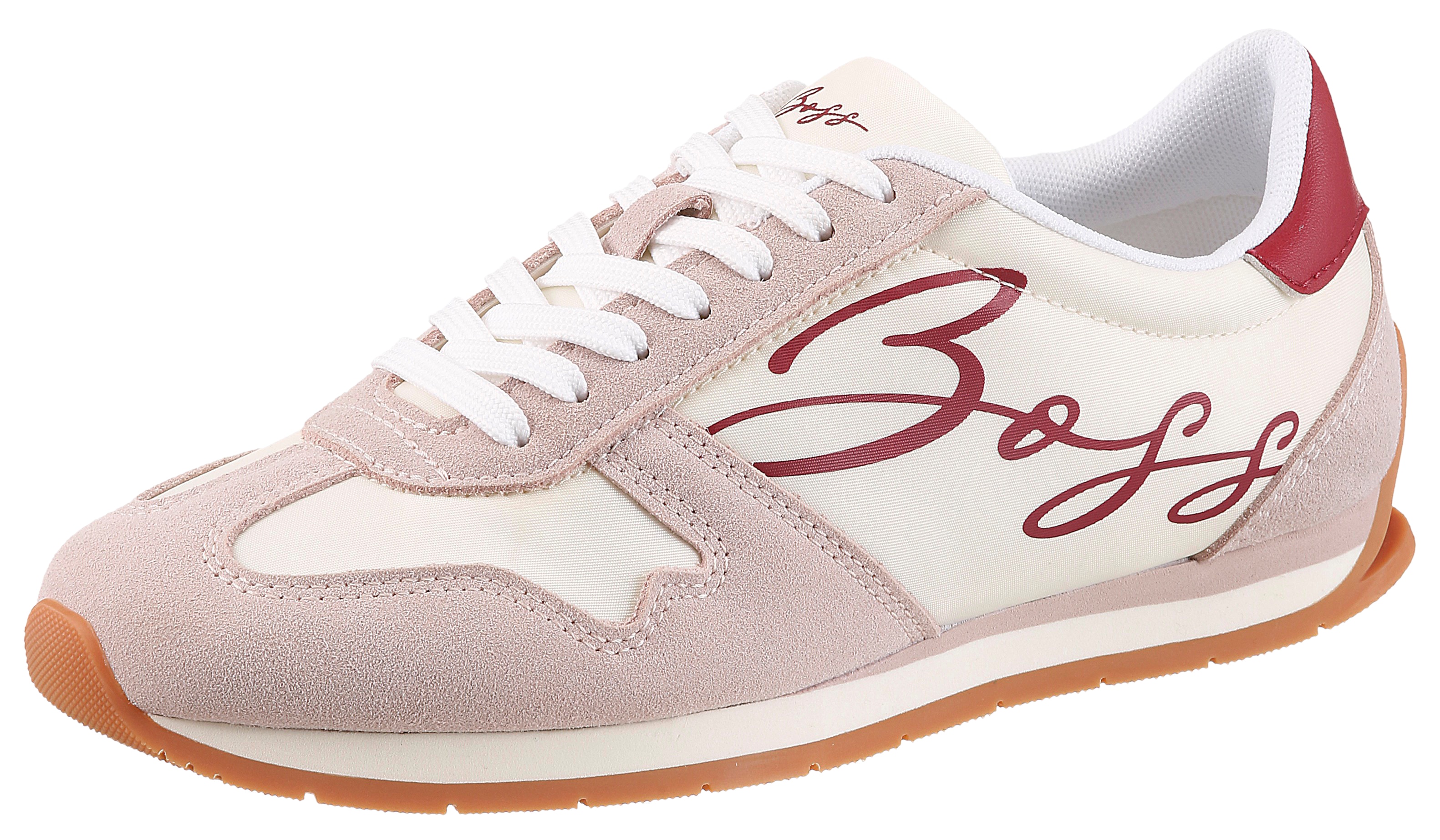 Sneaker BOSS ORANGE "Levon Runn", Damen, Gr. 38, weiß, natur, bordeaux, Lederimitat, Textil, Schuhe Sneaker, Freizeitschuh, Halbschuh, Schnürschuh mit leichter Laufsohle