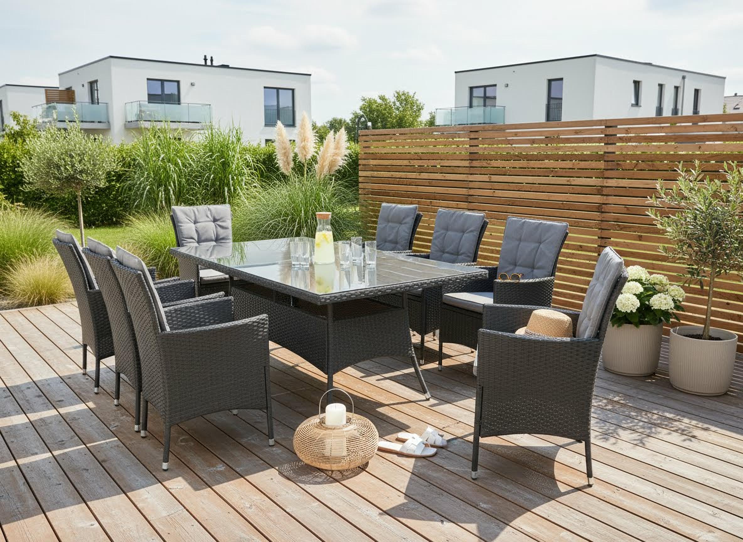 KONIFERA Garten-Essgruppe "Mailand" Set, 8x Sessel, 8x Sitzauflage, 8x Rückenauflage, 1x Tisch, 25 tlg. tlg. 8 Sessel, 8 Sitz,- und 8 Rückenkissen, 1 Tisch, Gratis Schutzhülle