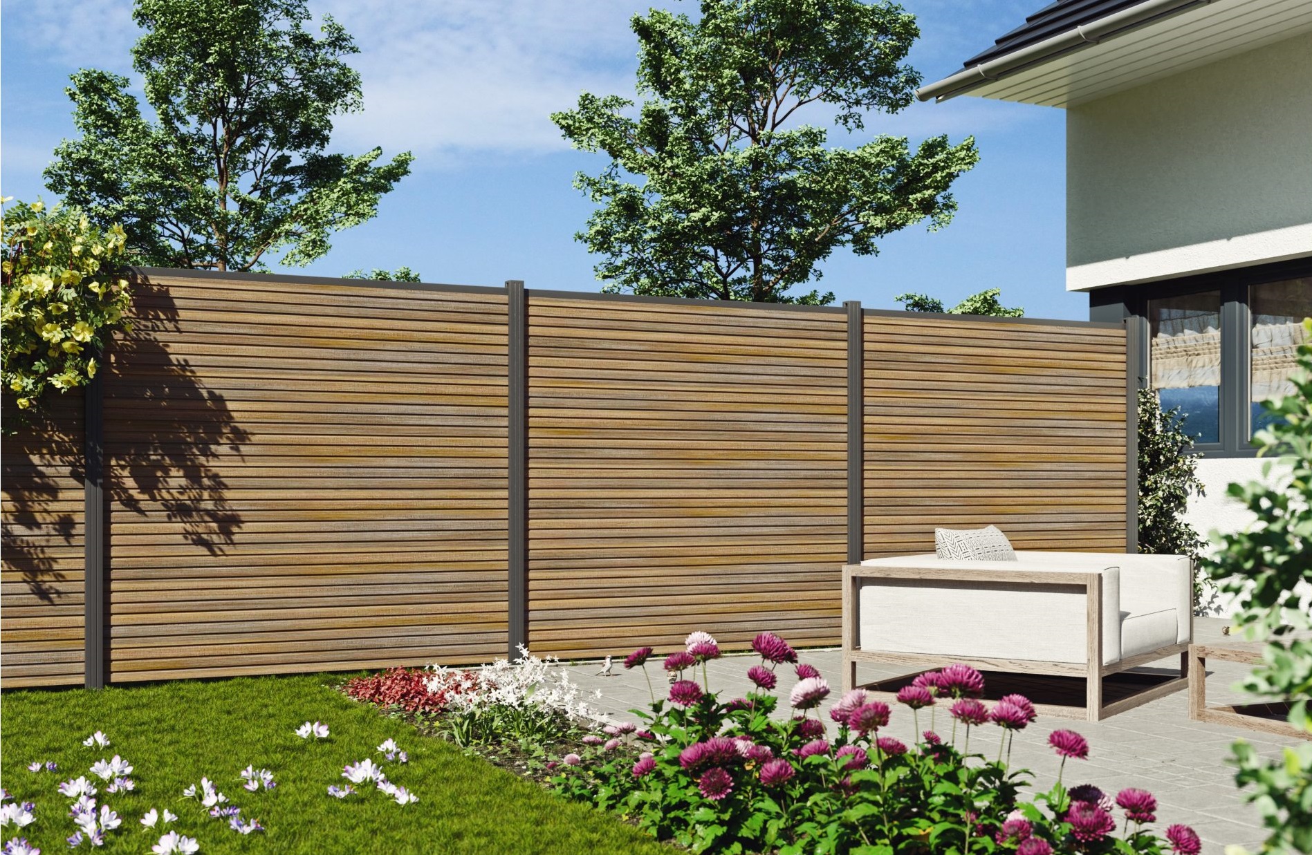 Sichtschutzelement TETZNER & JENTZSCH "WARREN 4", braun (teakbraun), H:180cm, Aluminium, WPC (Holz-Kunststoff-Komposit), Zaunelemente, pflegeleicht, coextrudierte Oberfläche, Design-Oberfläche