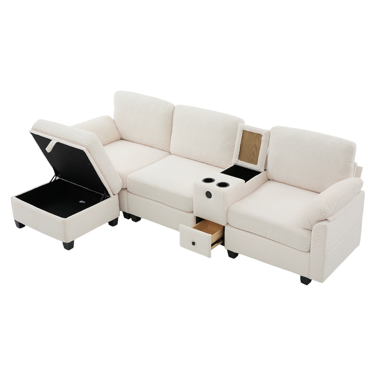 OKWISH Cord-Sofa 266x136x82 Beige mit Memory Foam, USB-C, Stauraumhocker, Seitentaschen, Mittelkonsole, Wohnzimmer Couch, Komfort Image