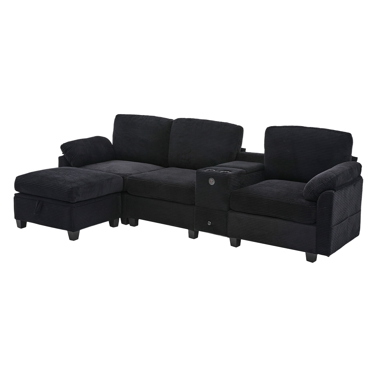 STILVORA Großes Cord-Sofa 266x136x82 Schwarz mit Memory Foam, USB-C-Anschluss und Stauraumhocker, Flexibel und Komfortabel Image