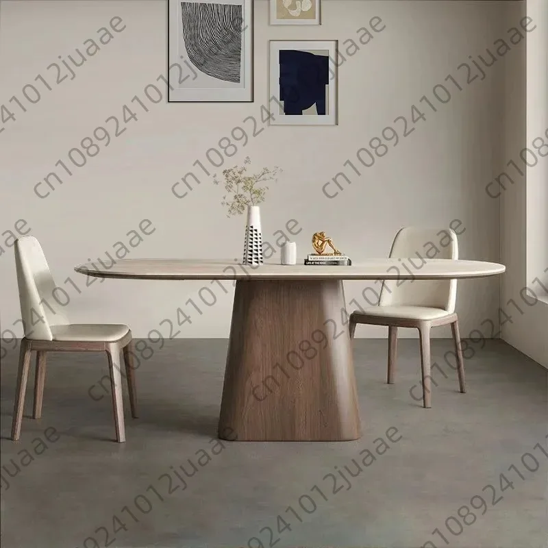 Retro-Esstisch aus Travertin-Felsplatten. Rechteckiger Esstisch für den Haushalt. Kombination aus Esstisch und Stuhl aus massivem Holz. Eschen-Woo