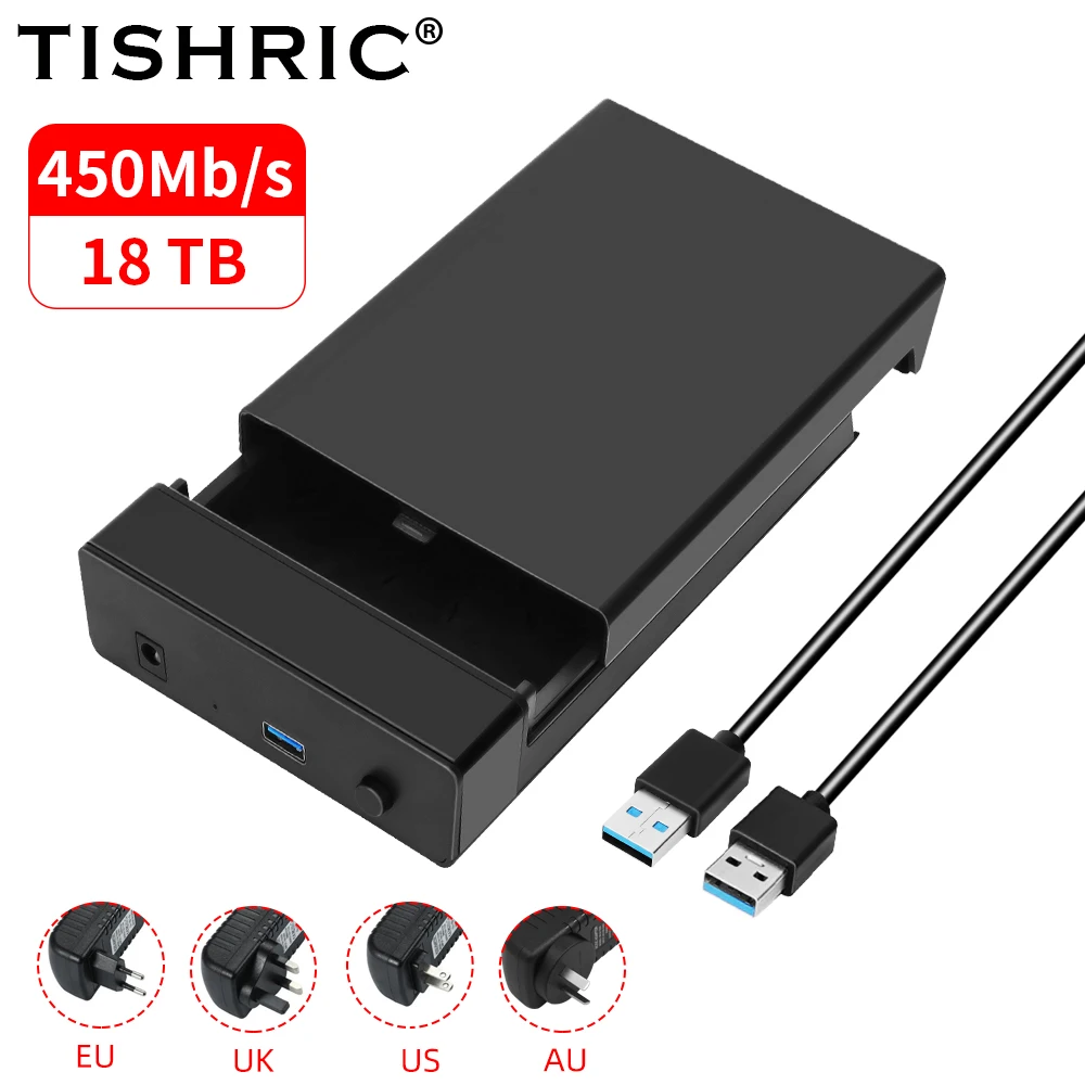 TISHRIC Externes Festplattengehäuse 2,5/3. 5 SSD Externes Festplattengehäuse 450 Mbit/s 18 TB SATA auf USB 3.0 Festplattengehäuse-Adapter Image