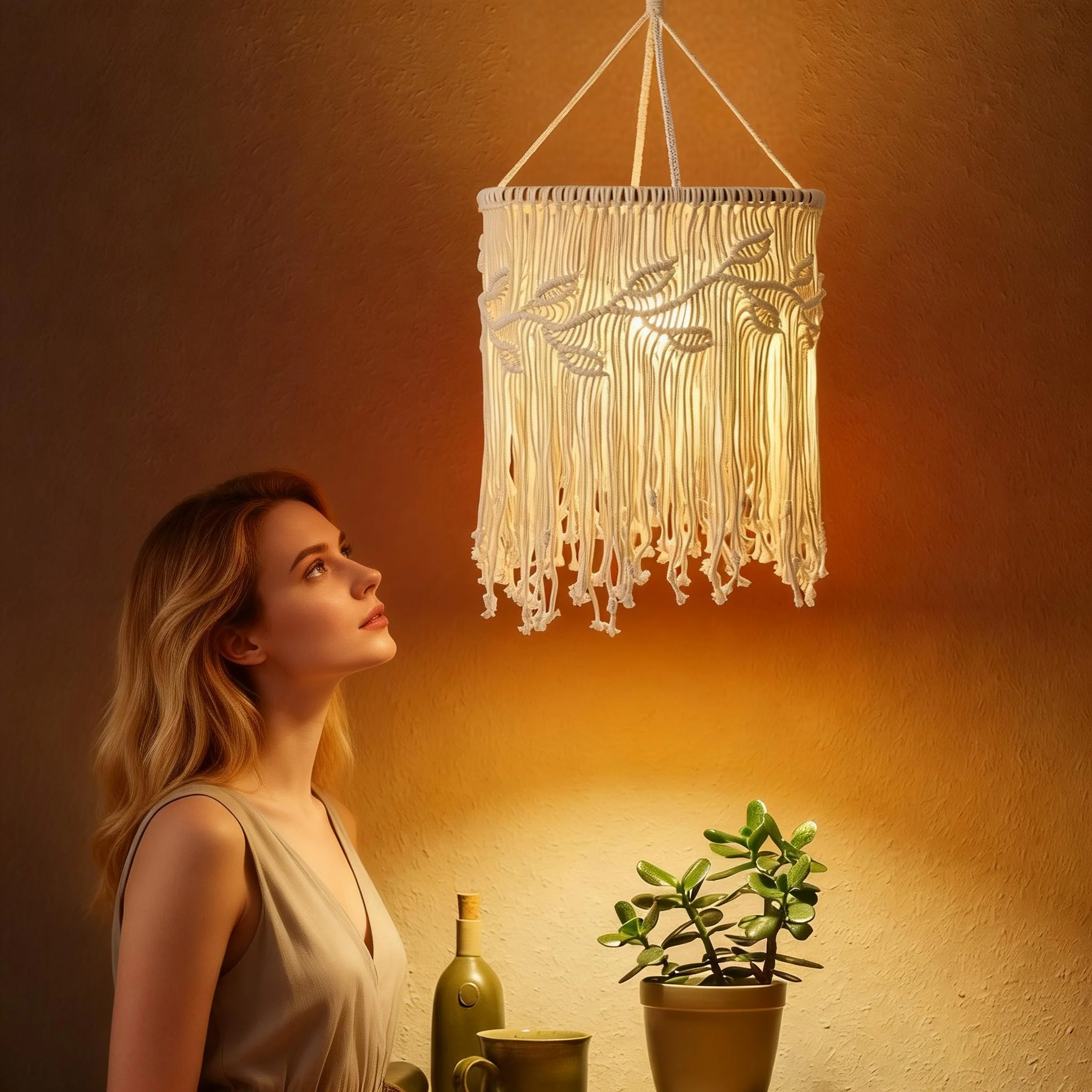 Handgefertigte Makramee-Pendelleuchte im Boho-Stil – Lampenschirm aus natürlicher Baumwolle für Wohnzimmer und Schlafzimmer – Heimdekoration, Dekoration, Dekor Image