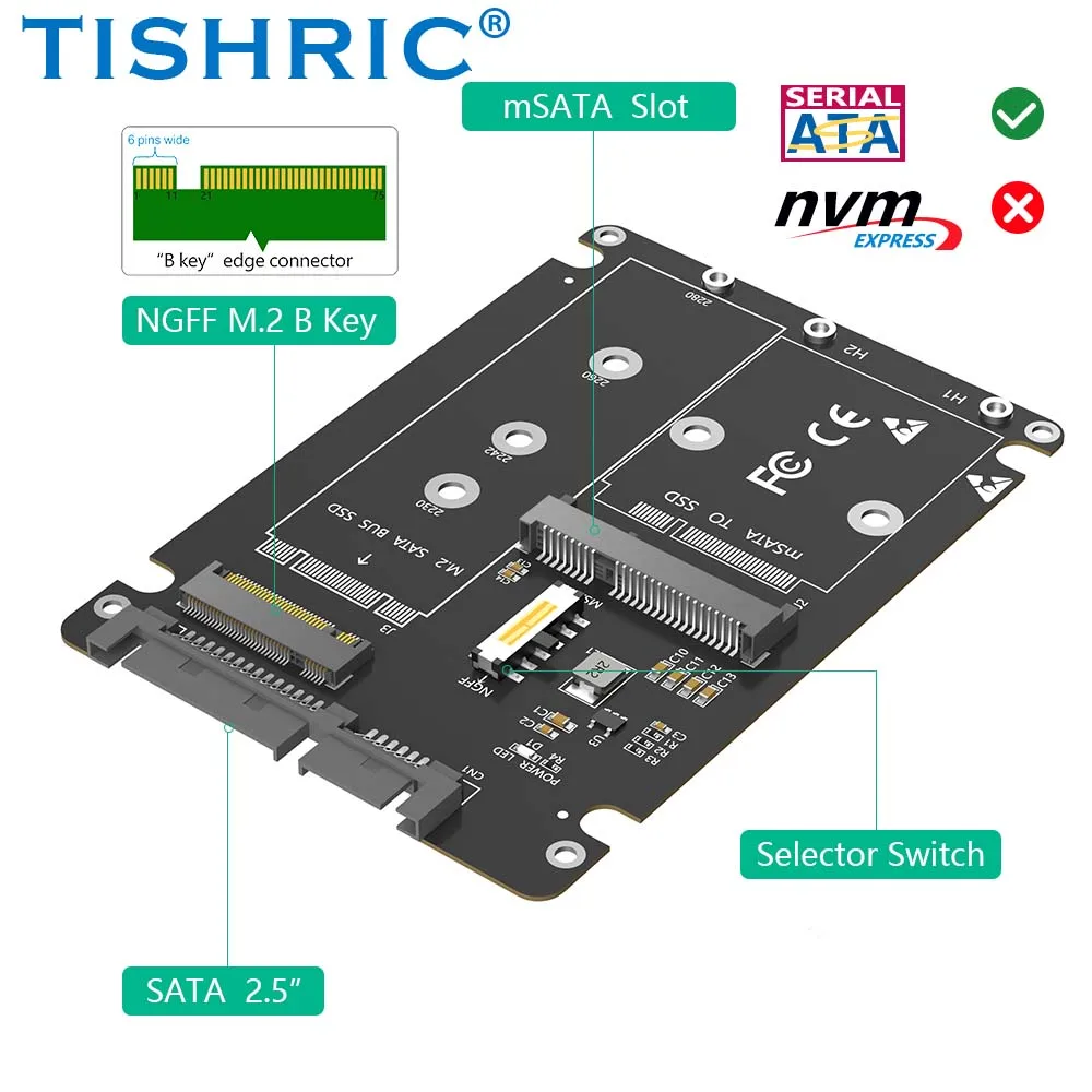 TISHRIC SSD-Gehäuse-Adapterkarte M.2 MSATA SSD zu SATA Konverter M.2 BKey zu SATA SSD 2,5 Zoll SATA 3.0 Gehäuse Unterstützung Laptop PC Image