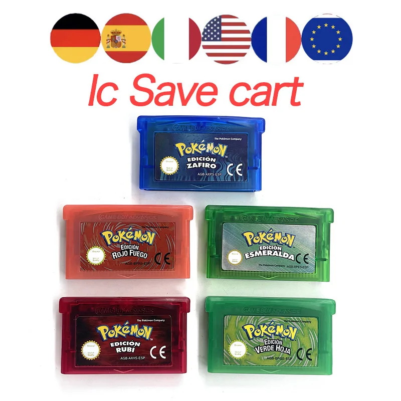GBA Game Pokemon FireRed LeafGreen Emerald Ruby Sapphire Glitter-Label 32 Bit Rom Hack Video Game Cartridge Multi-language