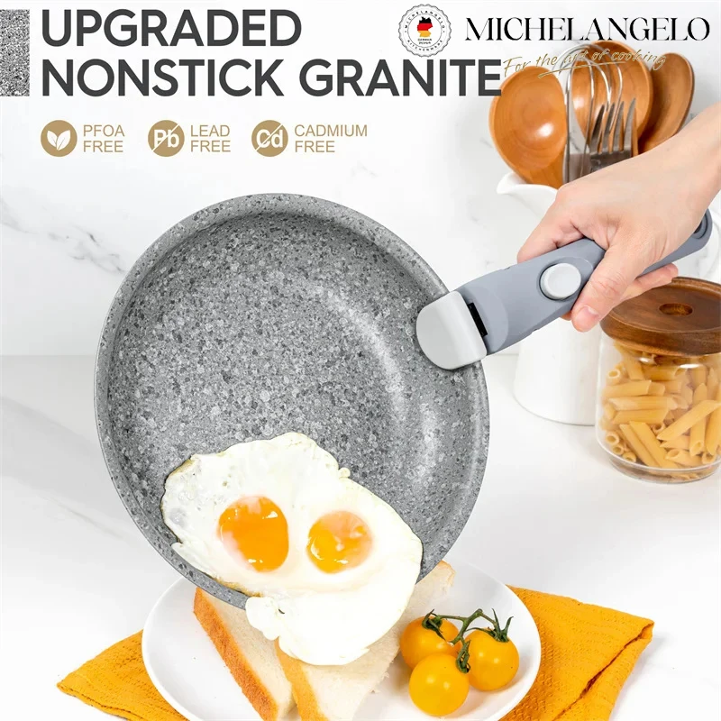 MICHELANGELO Bratpfannenset 8" 9,5" und 11" Bratpfannen mit abnehmbarem Griff Ultra-Antihaft-Pfanne mit Granitbeschichtung und Induktionspfanne Image