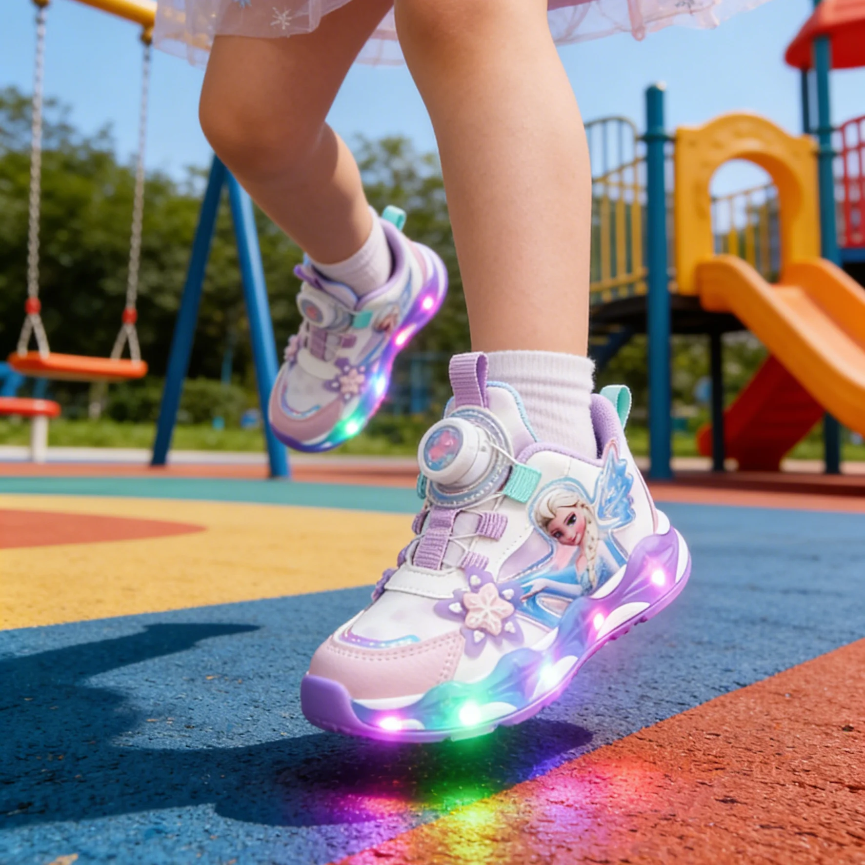 Disney Mädchen Freizeitschuhe Led Lichter Kinder Sport Prinzessin Elsa Rosa Lila PU Leder Schuhe Turnschuhe Größe 23-35