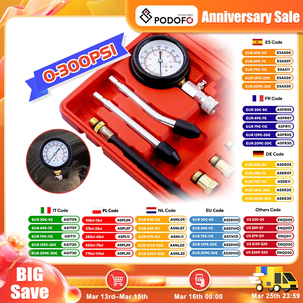 Podofo 8 Stück Motor-Motor-Manometer für Öl, Gas, Motor, 0–300 PSI, Motor-Kompressionstest für Autos, LKWs, Motorräder Image