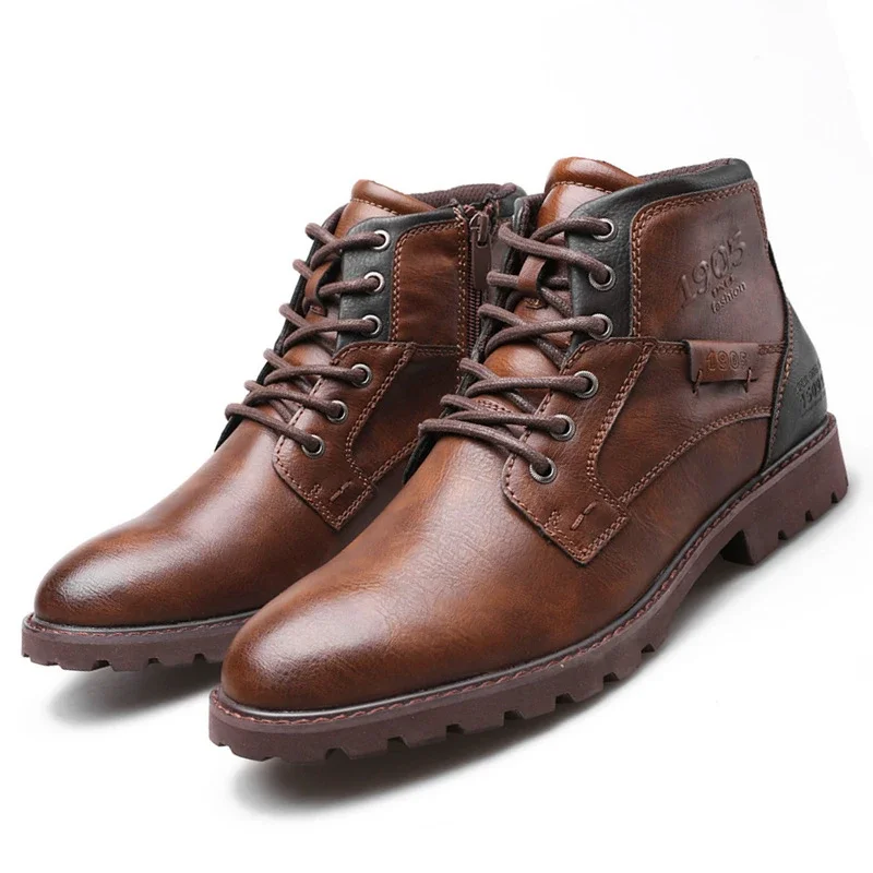 Leder Männer Stiefeletten Plus Größe High Top Schuhe Outdoor Arbeit Casual Schuhe Motorrad Militär Kampf Stiefel Mode Herbst Braun