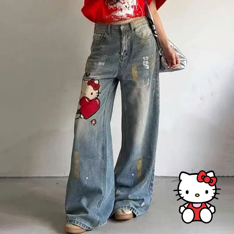 Trend Hello Kittys Jeans stampati Y2K Versione coreana Jeans streetwear Pantaloni dritti larghi Pantaloni larghi vintage moda donna
