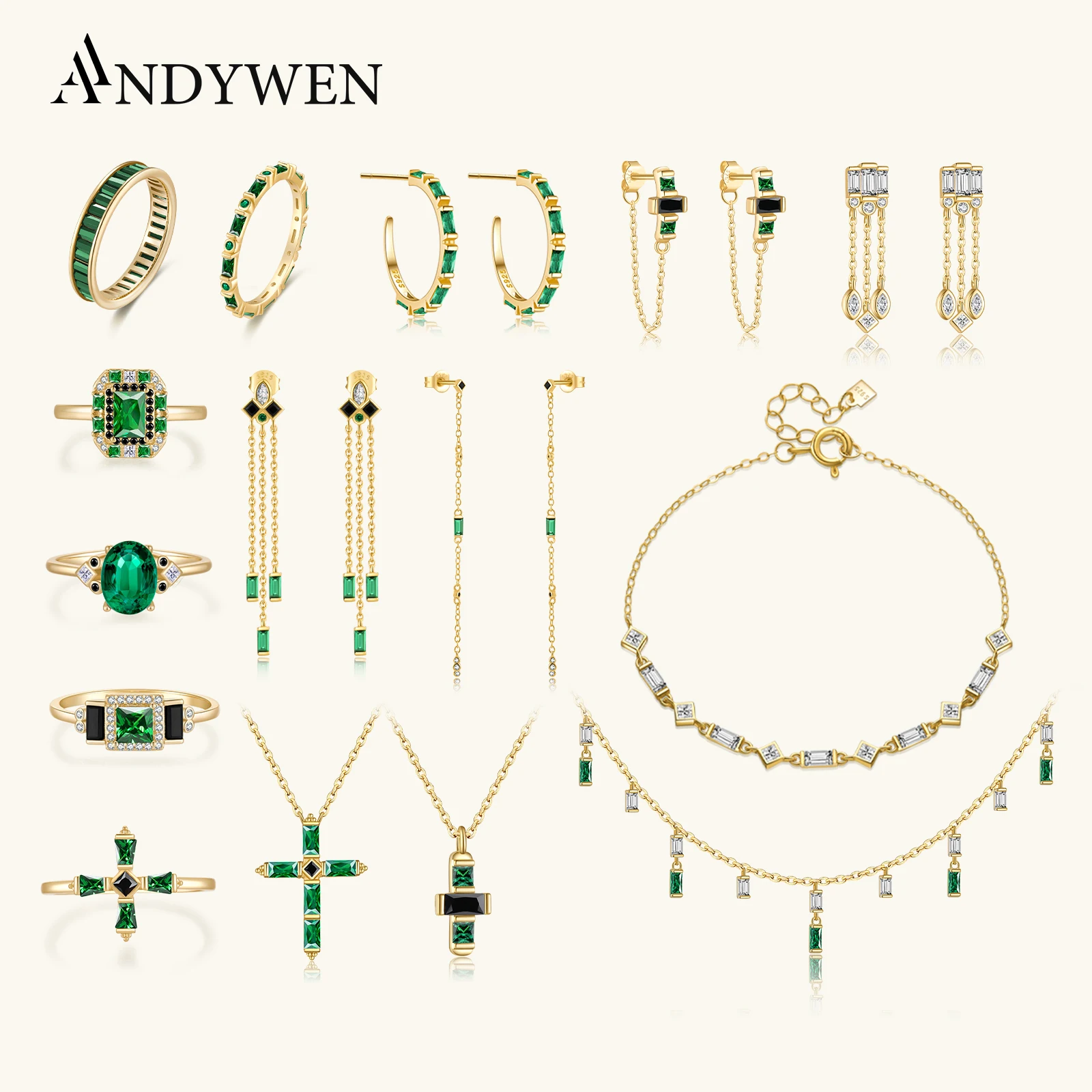 ANDYWEN 925 Sterling Silber Gold Grün Schwarz Kette Ohrring Kreuz Halskette Ring Schmuck-Set Anillo Fino Sabrina Zirkon Juwelen