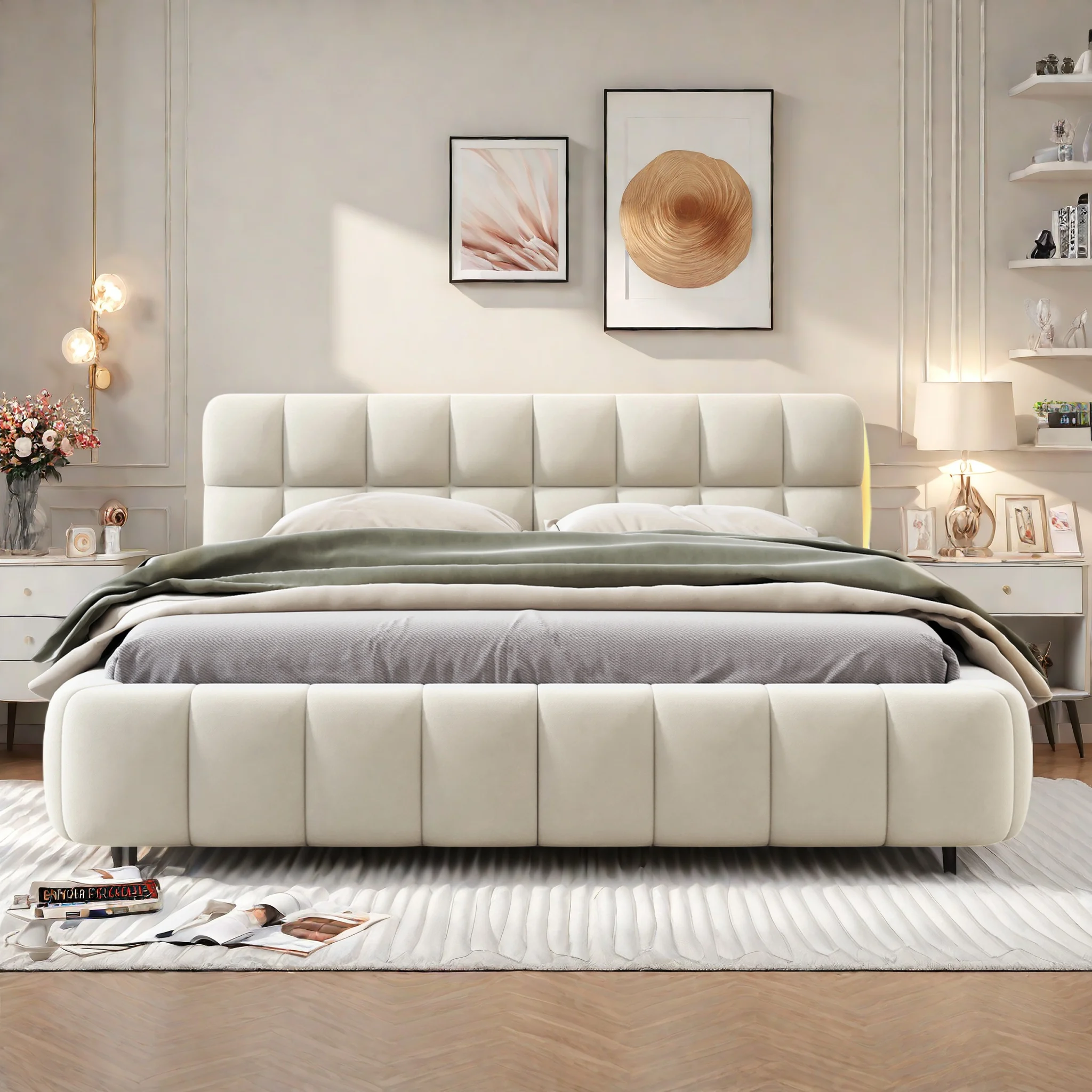 Rosahqnda Polsterbett, Jugendbett, Doppelbett mit weicher Rückenlehne, Flachbett mit Polsterumrandung, Lattenrost Linen Beige Image