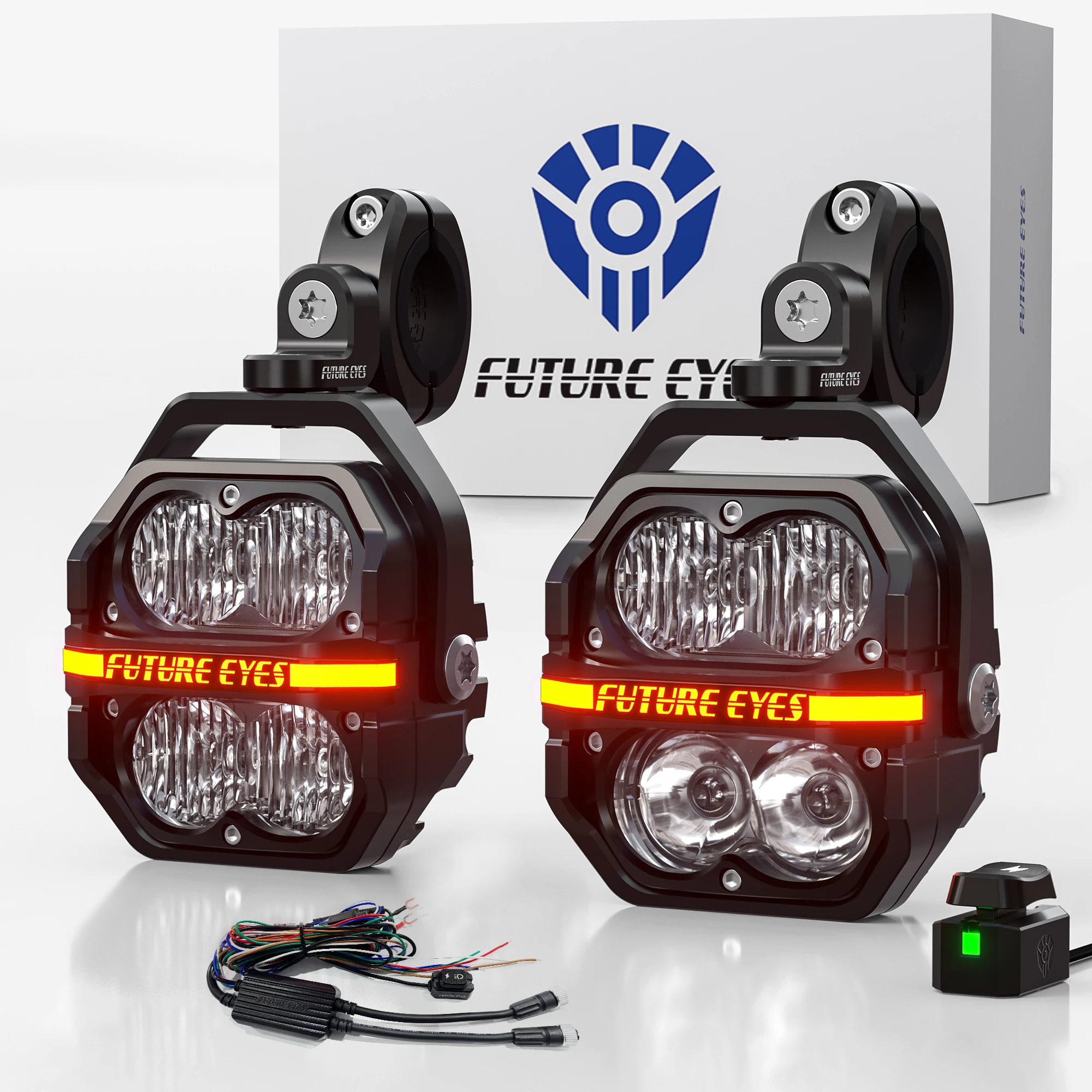 Future Eyes Z4 - Kit Luci Fendinebbia LED per Moto, 120W 12500LM Luci di Guida Ambra e Bianche, Luci Ausiliarie Impermeabili IP67