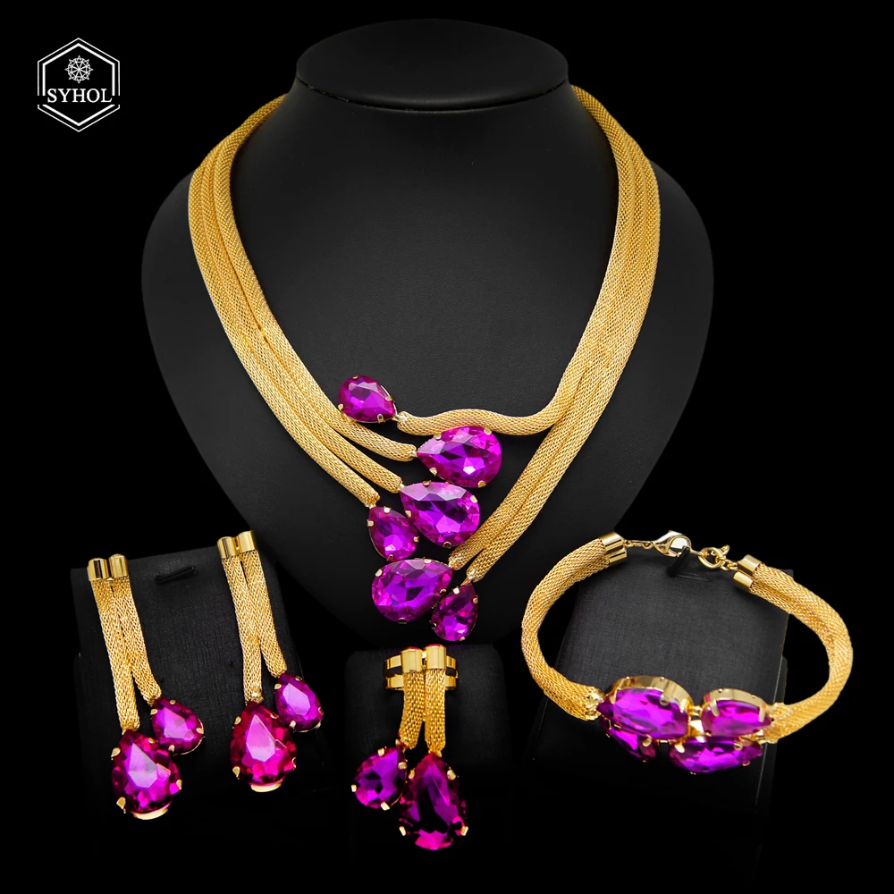 Frau Halskette Schmuck-Set Modische Brasilianische Gold Stil Original 24K Gold Überzogene Lila und Champagner Zirkon Anhänger SYHOL Image