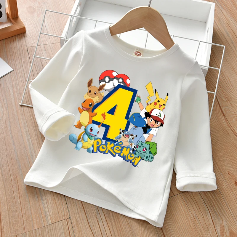 Pokemons Pikachu Kinder Langarm T-Shirts Cartoon Geburtstag Nummer Bedruckte Tops Baumwolle T-Shirt Kurzarm Kinderkleidung Image