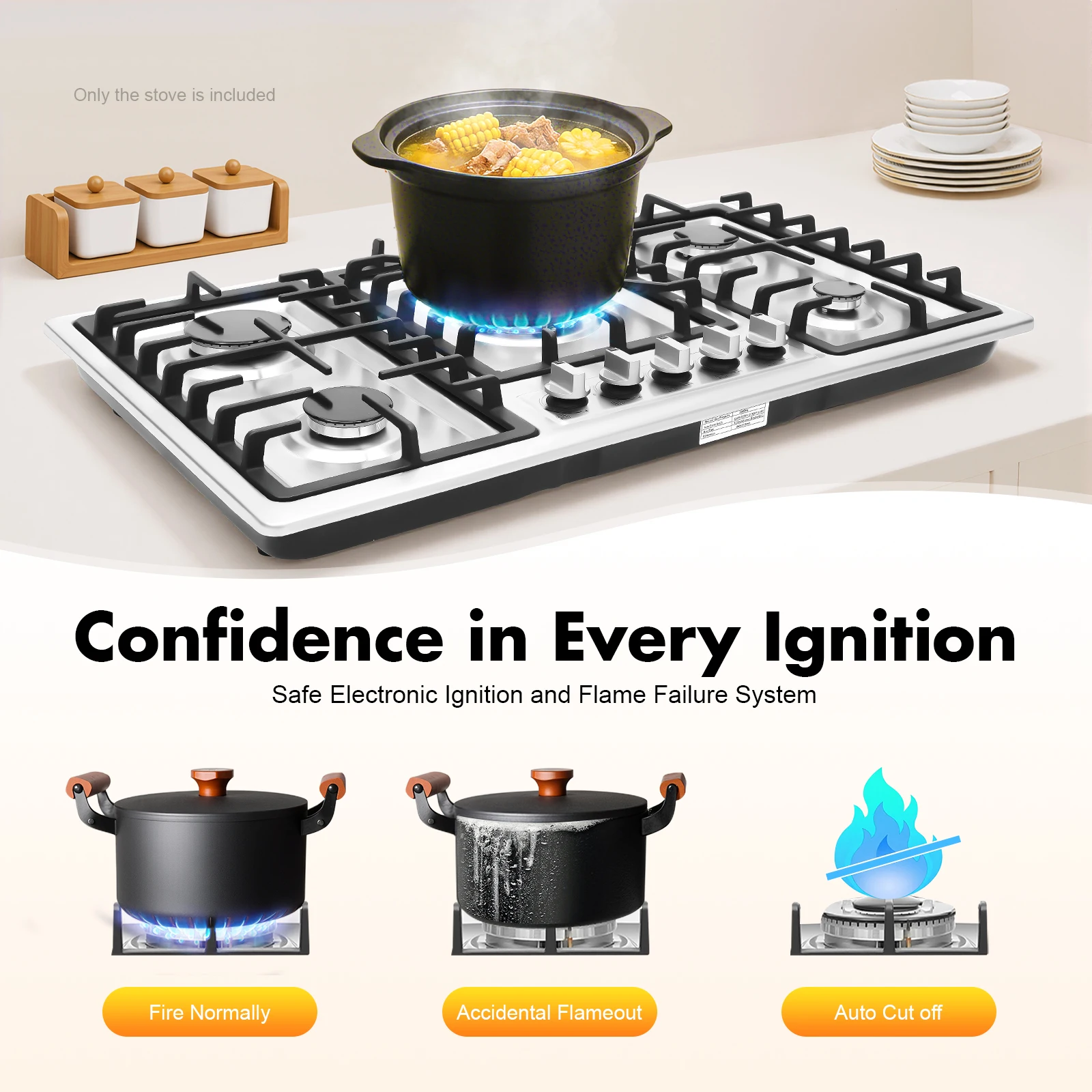 201 Edelstahl 5-Brenner-Gaskochfeld Edelstahl-Gasherd 2000 Pa 3,3 kW, 2,75 kW, 2 * 1,75 kW, 1 kW Image