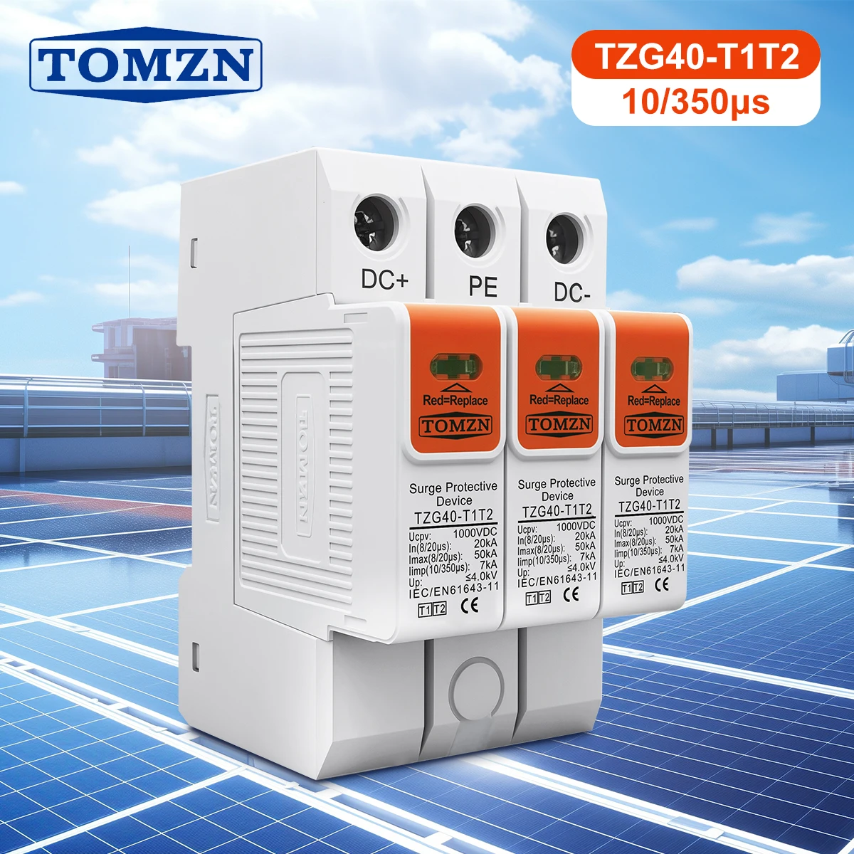 TOMZN T1T2 SPD DC 1000 V 1200 V 8/20 μs 20–50 kA 10/350 μs 7 kA Haus-Überspannungsschutz-Schutz-Niederspannungs-Ableitergerät für PV Image