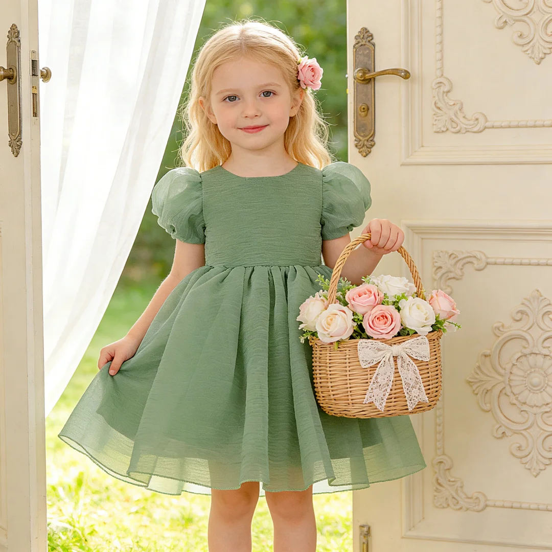 Mädchen Avocado Grünes Kleid Puffärmel Kleid Prinzessin Kleid Geeignet für Geburtstagsgeschenk Outdoor Reise Foto Fotografie Image