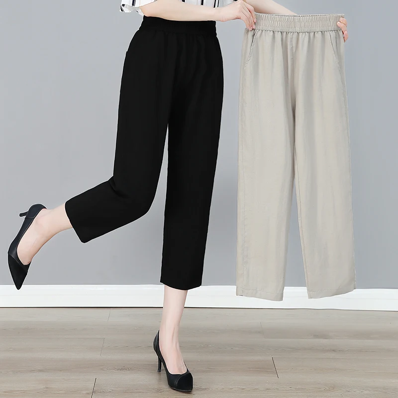 Neue Sommer Modische Bequeme Vielseitige Atmungsaktive Dünne 7-Punkt-Hose Frauen Lose Beiläufige Hohe Taille Gerade Bein Hosen Image