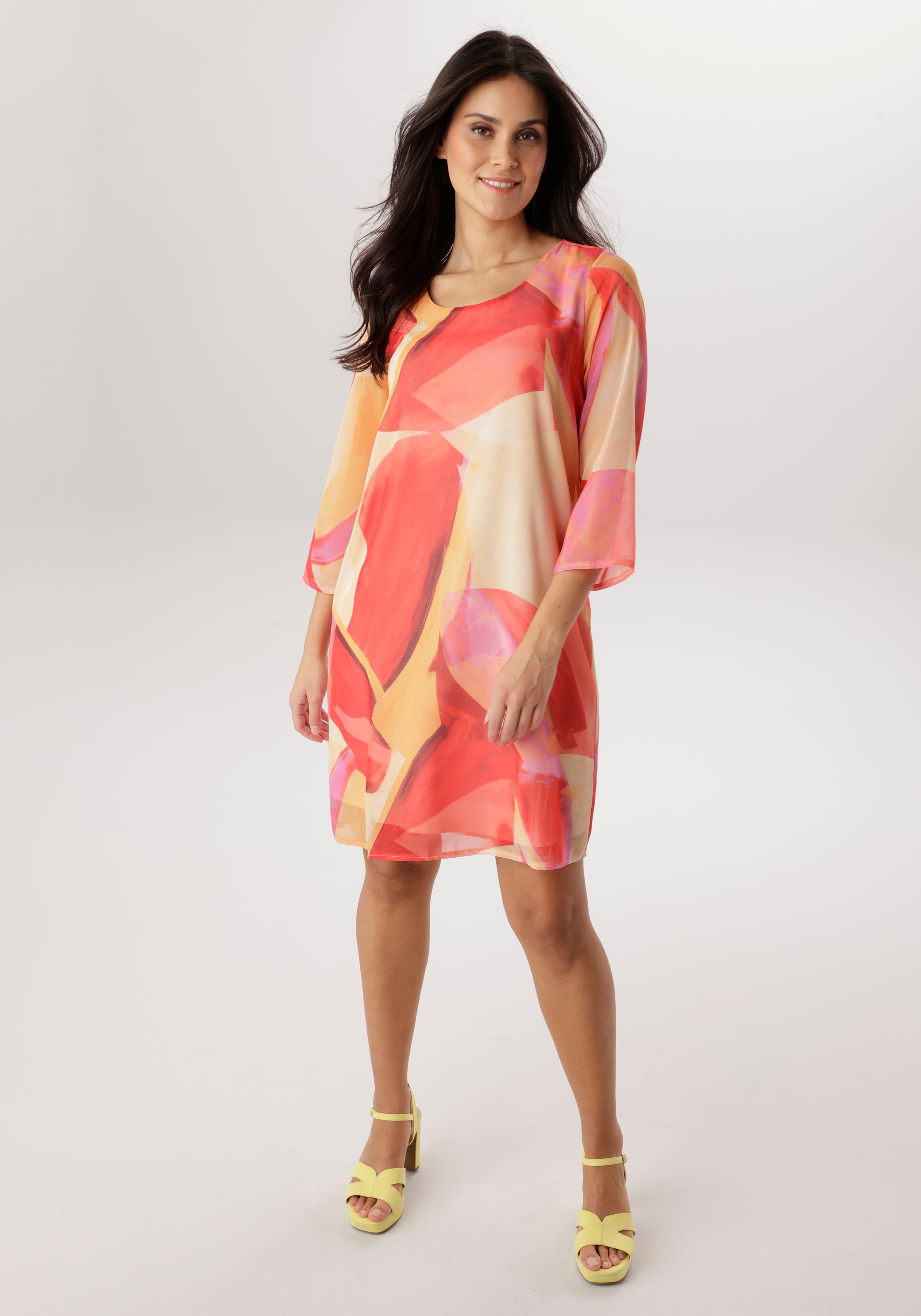 Chiffonkleid ANISTON SELECTED, Damen, Gr. 36, N-Gr, gelb, rot, orange, rosa, braun, sand, Chiffon, Obermaterial: 100% Polyester. Futter: 95% Viskose, 5% Elasthan, bedruckt, gemustert, figurumspielend kniefrei, Rundhals, Kleider Chiffonkleid, aus...