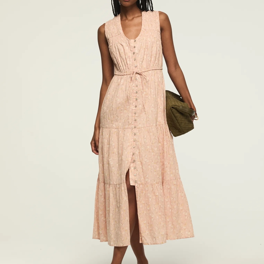 Lucky Brand Crinkle Tiered Midi Dress - Women's Clothing Dresses Shirt Midi Dress in Blush Floral, Size L