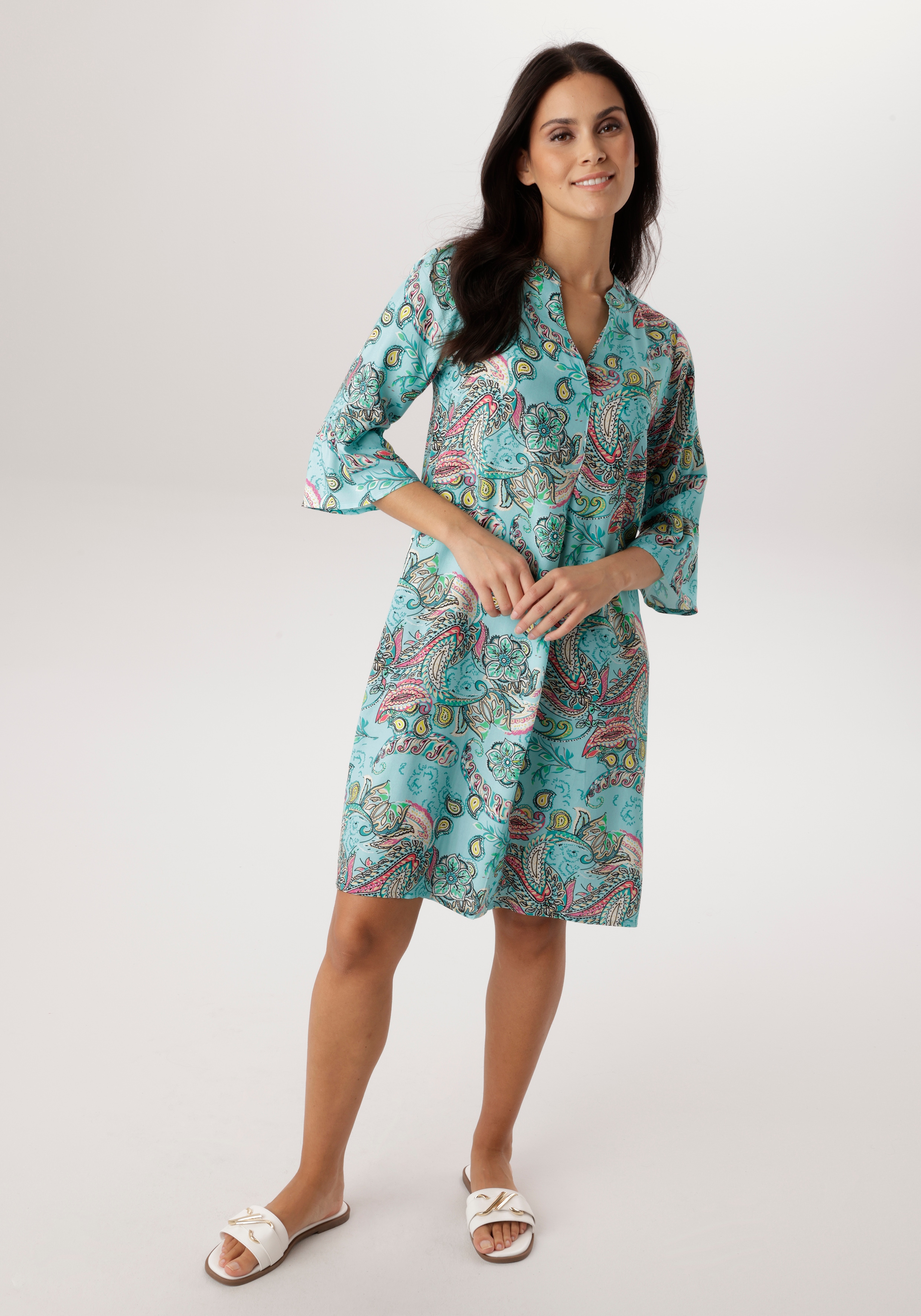 Blusenkleid ANISTON SELECTED, Damen, Gr. 44, N-Gr, türkis, grün, pink, gelb, beige, schwarz, Web, Obermaterial: 100% Viskose, Paisley, bedruckt, geblümt, gemustert, mehrfarbig, lässig geschnitten knieumspielend, V-Ausschnitt, Trompetenärmel Volant,...