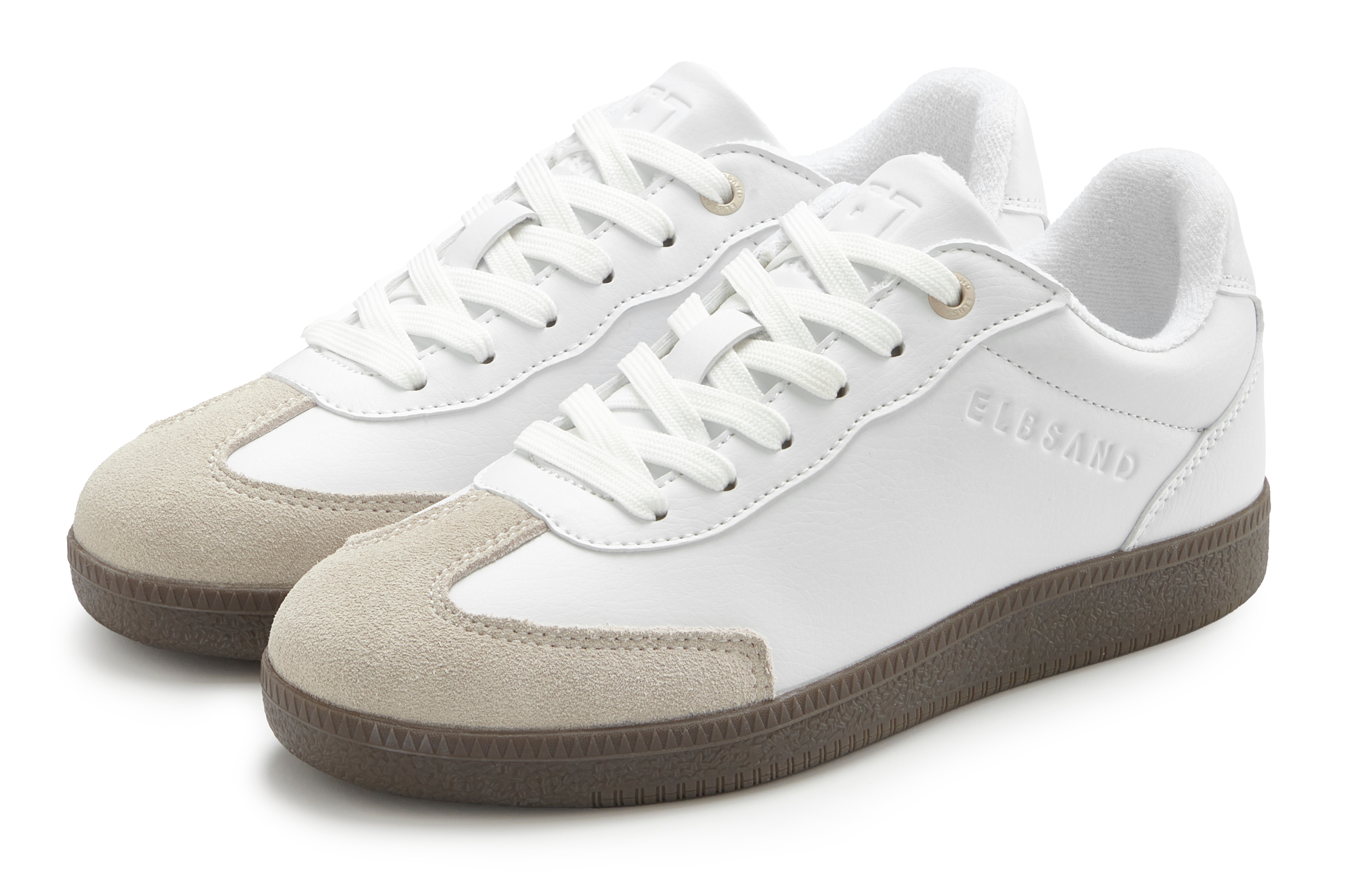 Sneaker ELBSAND "Freizeitschuh", Damen, Gr. 38, weiß, Obermaterial: 90% Lederimitat, 10% Rindsleder. Decksohle: 100% Textilmaterial. Futter: 100% Textilmaterial. Laufsohle: 100% Synthetik, unifarben mit Farbeinsatz, Schuhe Sneaker, Retro Sneaker,...