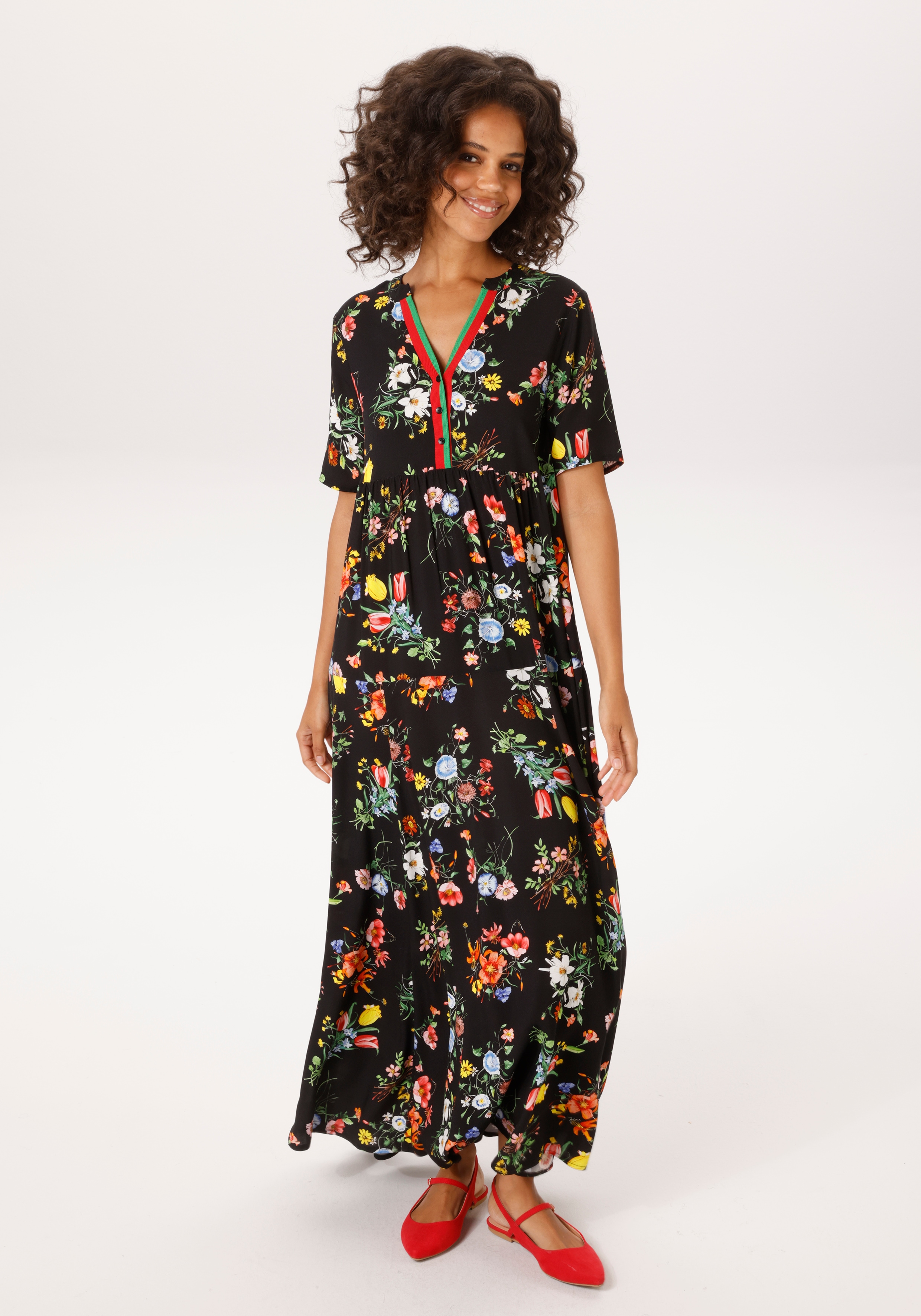 Sommerkleid ANISTON CASUAL, Damen, Gr. 40, N-Gr, schwarz, rotgrün, gelb, rosa, blau, orange, weiß, Web, Obermaterial: 100% Viskose, bedruckt, geblümt, gestreift, lässig geschnitten knöchellang, V-Ausschnitt, Kleider Sommerkleid, mit farbenfrohen...