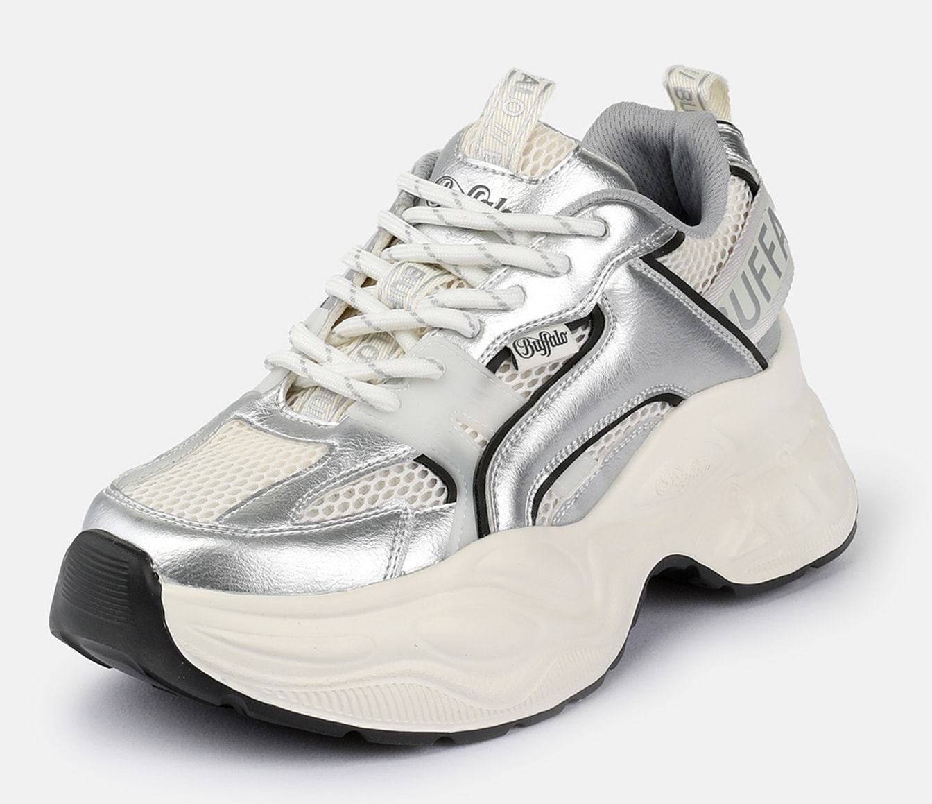 Plateausneaker BUFFALO "Yuno one", Damen, Gr. 40, weiß, schwarz, silberfarben, Lederimitat, Textil, metallic, Schuhe Plateausneaker, Halbschuh, Schnürschuh, Retro-Sneaker mit Memory Foam Innensohle