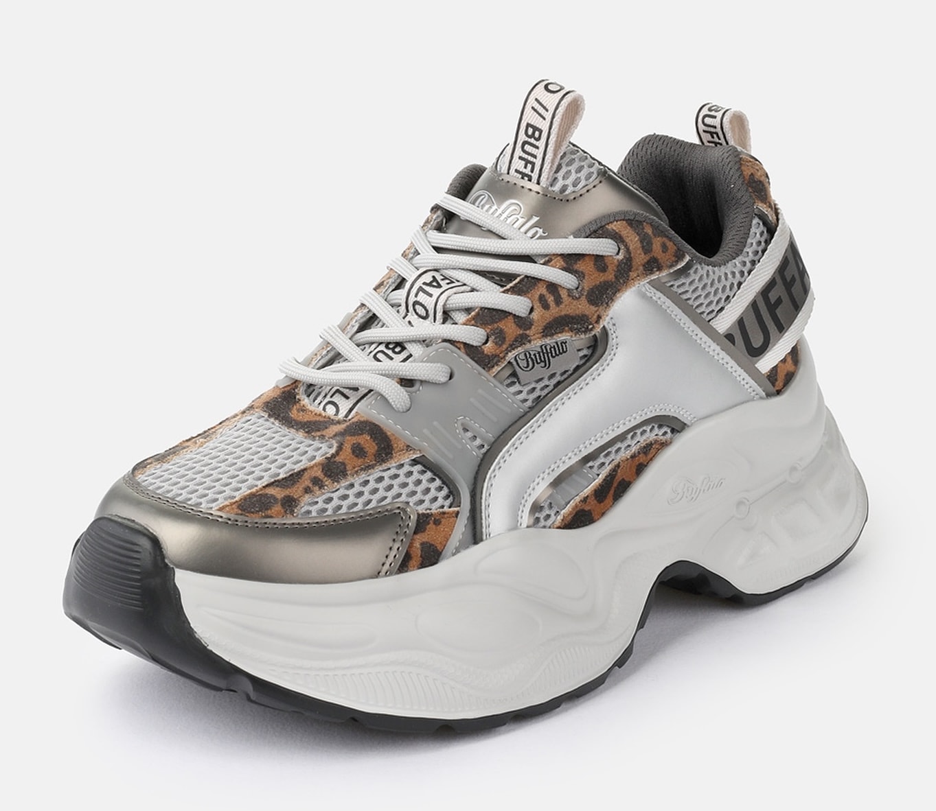Plateausneaker BUFFALO "Yuno one", Damen, Gr. 38, weiß, silberfarben, leo, Lederimitat, Textil, animal-print, metallic, Schuhe Plateausneaker, Halbschuh, Schnürschuh, Retro-Sneaker mit Memory Foam Innensohle
