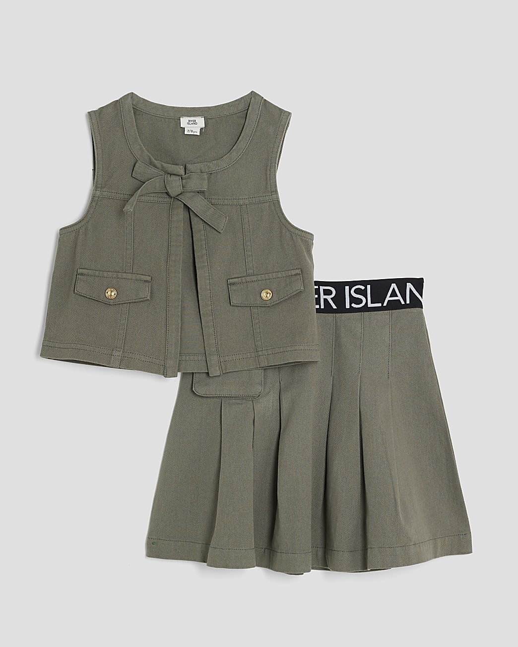 River Island Girls Gilet & Skirt Set Khaki RI Waistband Cotton - Size 9-10Y | River Island Sale | Discount Designer Brands