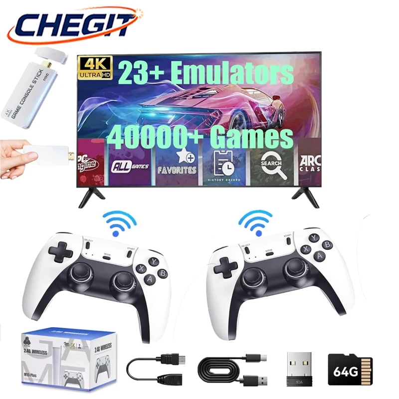 M15 4K Game Stick Mini Console de jeu vidéo rétro Console de jeu portable 40000 jeux intégrés avec contrôleur de manette de jeu sans fil 2.4G