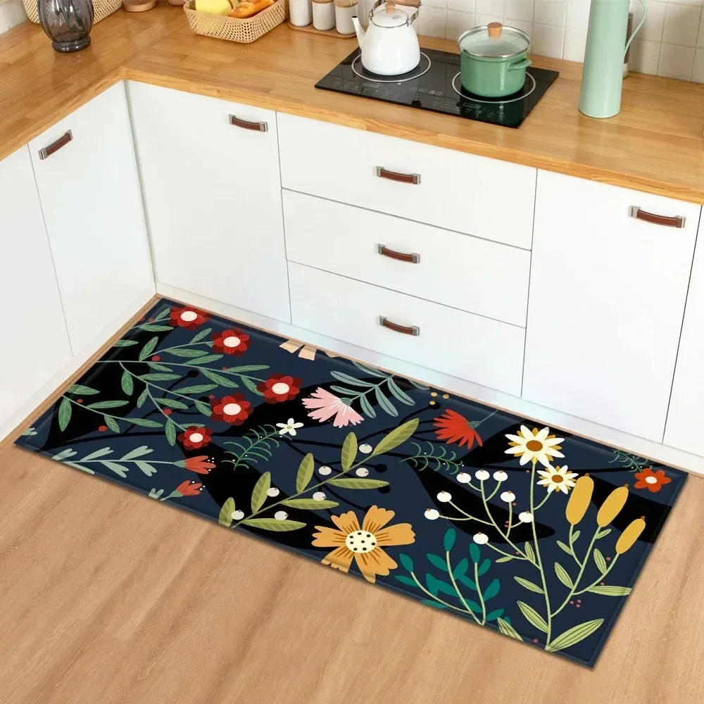 Frisches Blumenmuster, waschbar, rutschfest, Heimdekoration, Teppich für Küche, Badezimmer, Waschküche, ölbeständig, leicht zu reinigen, langlebig Image