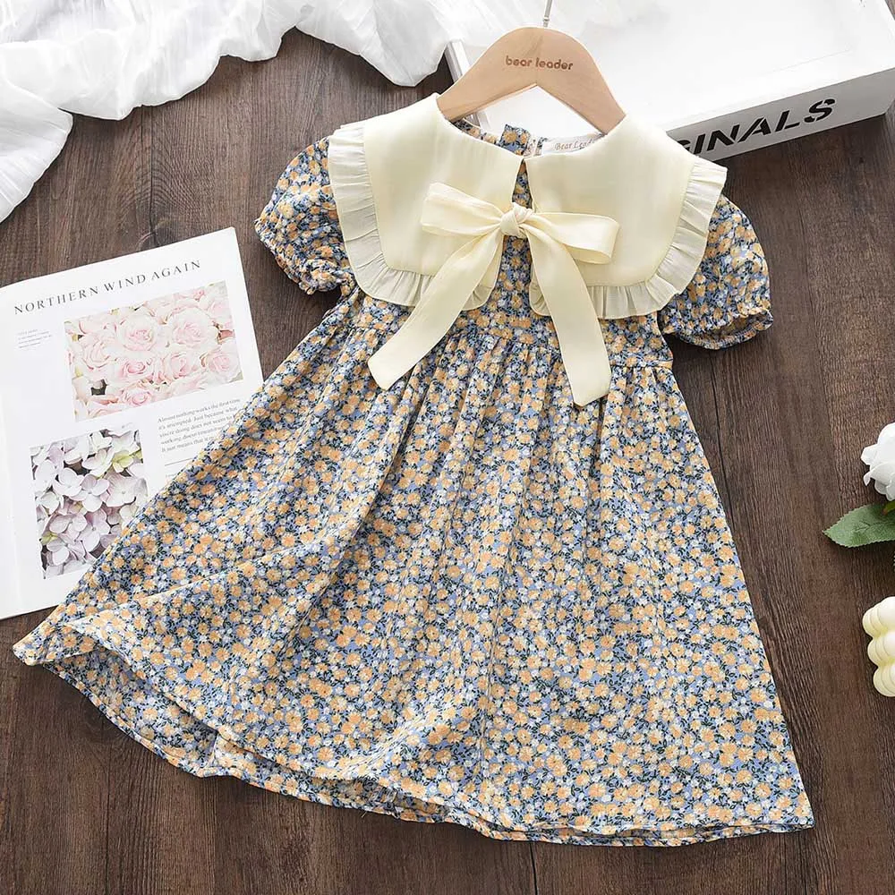 Casual Sommer Kinder Mädchen Kleid Floral Kinder Kleidung Bogen Patchwork Baby Mädchen Prinzessin Kleid Neue Blumenmädchen Kleider Image