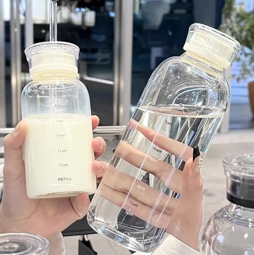 300/500/750 ml große Glas-Wasserflasche mit Strohhalm, 2 Deckel, klare Kawaii-Trinkflasche, auslaufsicher, Eiskaffeetasse für Frauen und Mädchen Image