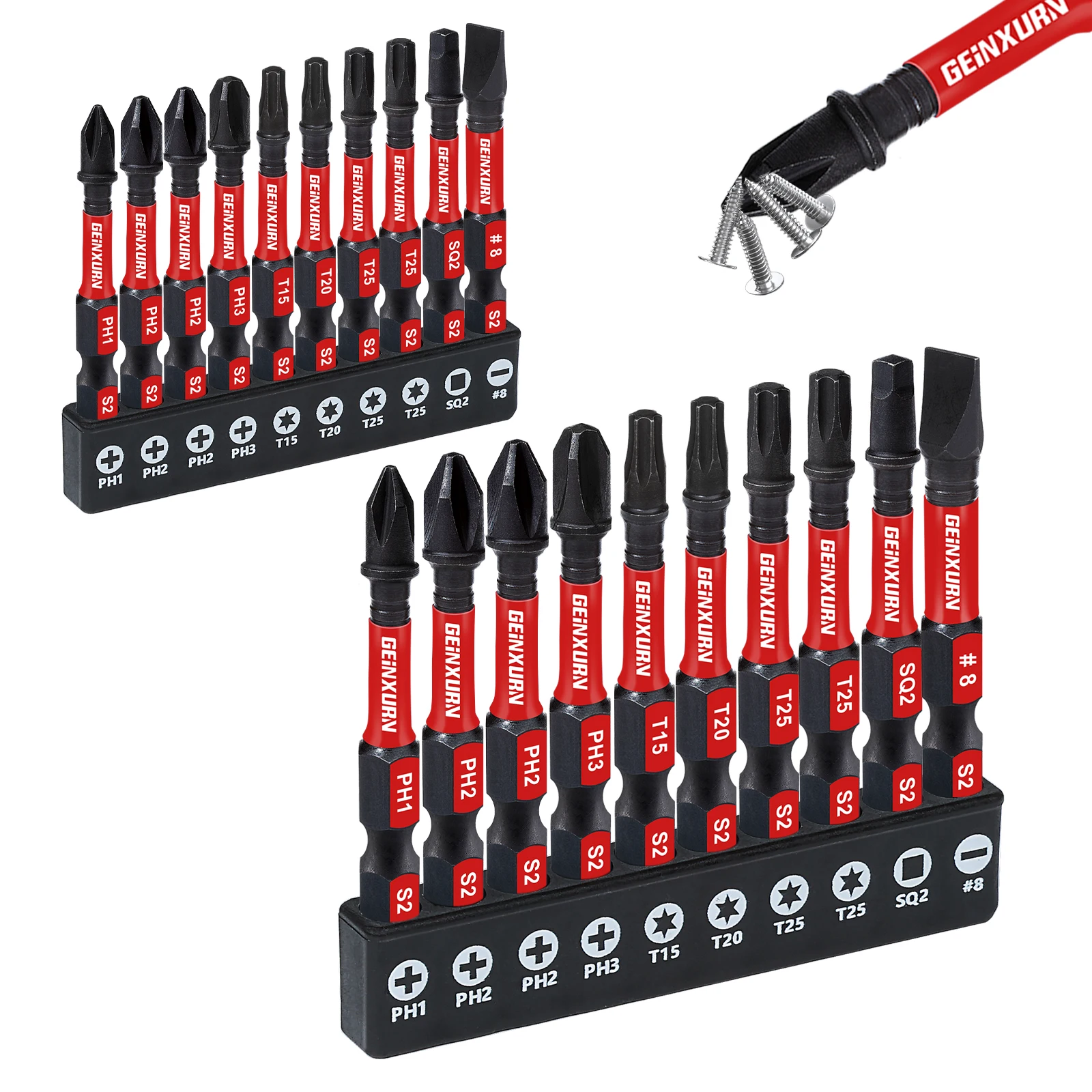 Geinxurn Set di punte per cacciavite a percussione mista da 2 pollici, set di punte magnetiche in acciaio S2 (PH1, PH2 PH2, PH3, T15, T20, T25, T25, SQ2, SL # 8)