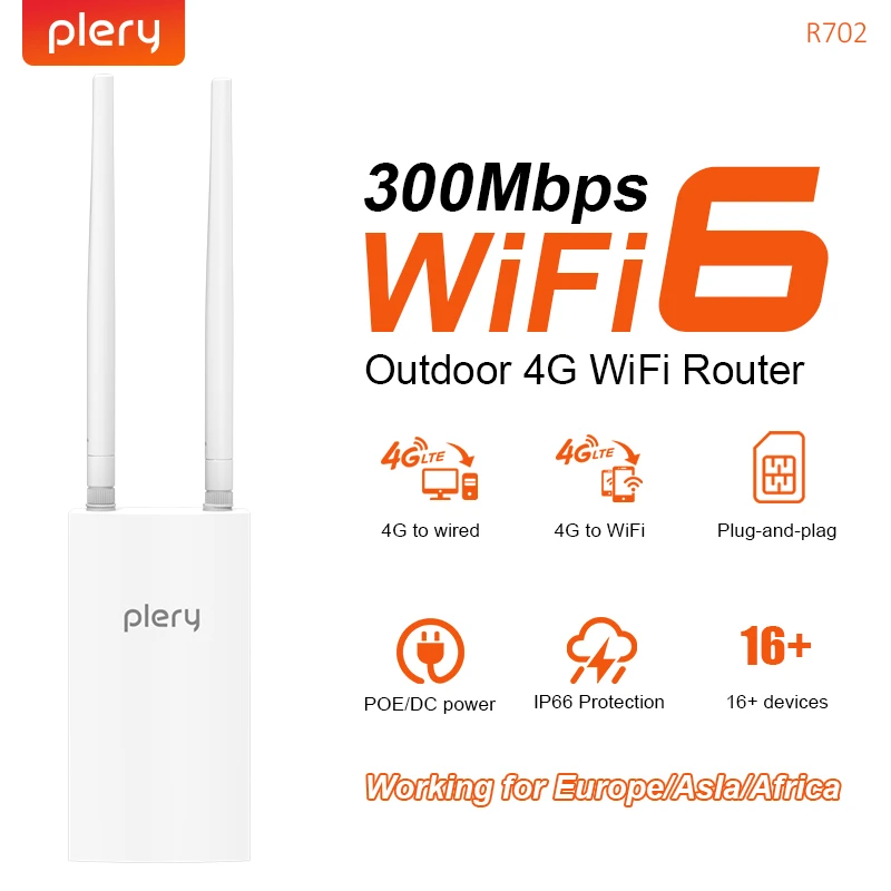 Plery 4G CAT4 WiFi6 Router für Outdoor-IP-Kamera/CPE 300 Mbit/s Global LTE POE/DC-Leistung 2 x 5 dBi Dual-Antenne, unterstützt 16 Geräte IP66 Image
