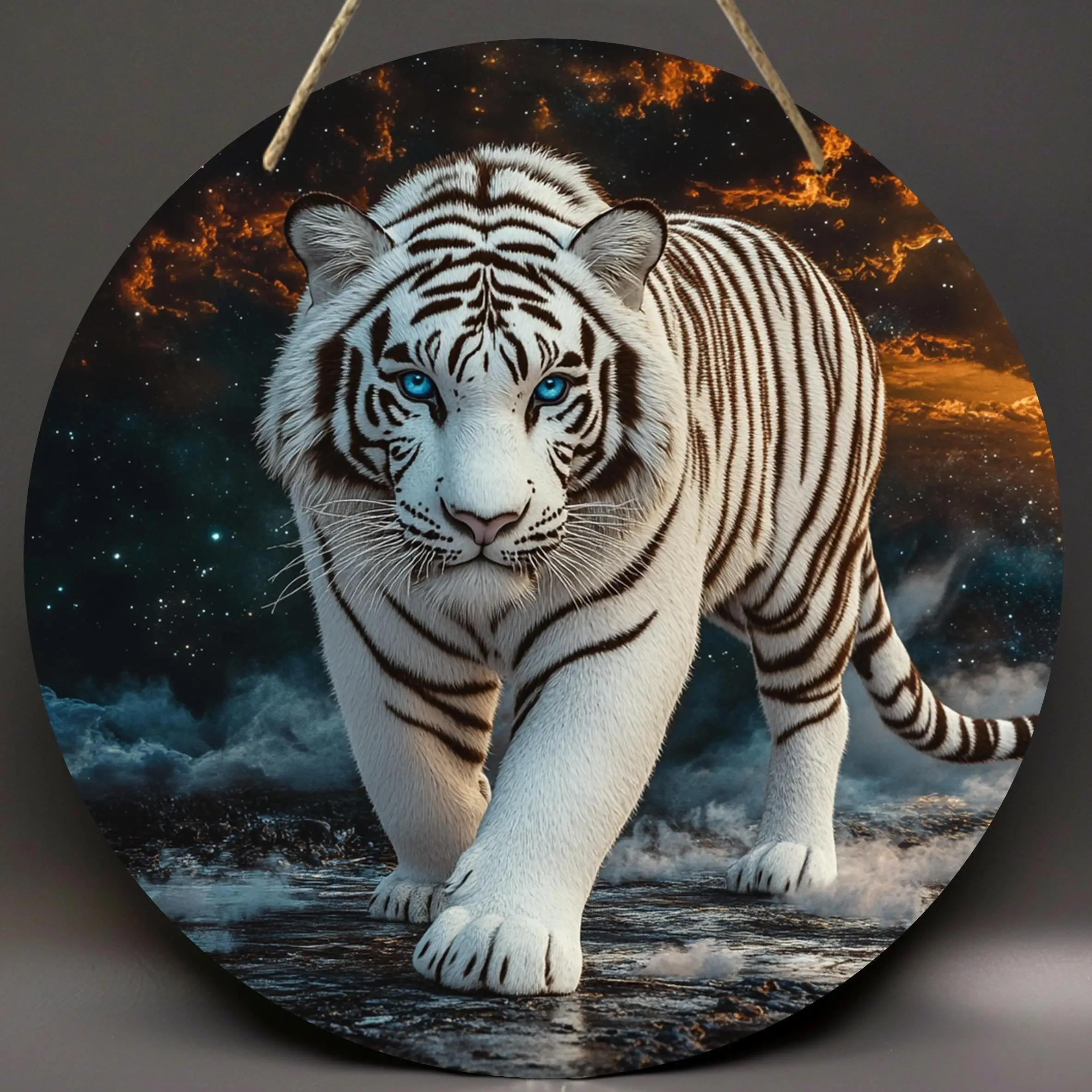 [Majestic Tiger Art] 20,3 x 20,3 cm große, majestätische weiße Tiger-Rundwandkunst | Künstliches kosmisches Sternennachtdesign aus Holz mit blauen Augen, W