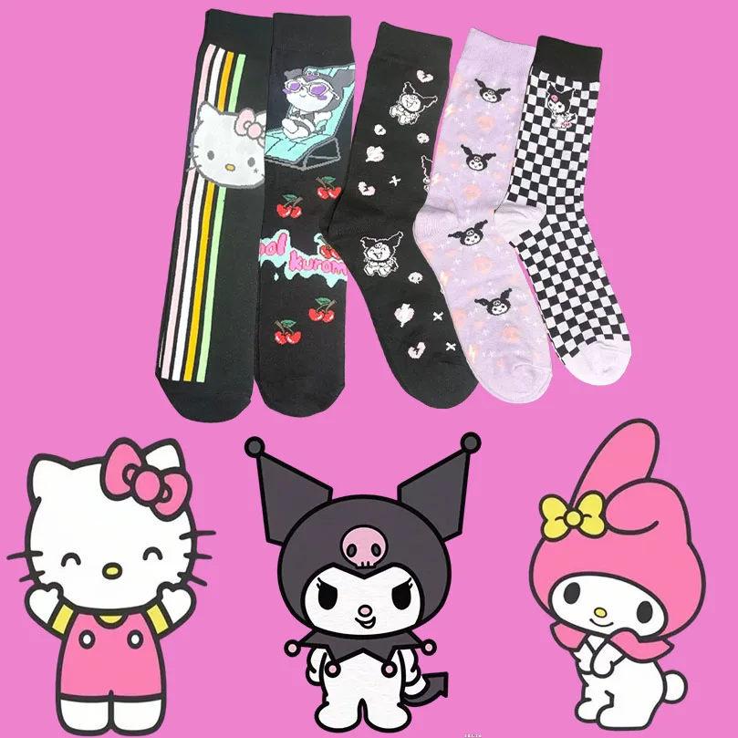 Europäische Größen 36-45,1/5 Paar Sanrio Hello Kitty Kuroomi Cartoon Anime Niedliche Socken bis zur Mitte der Wade für Damen